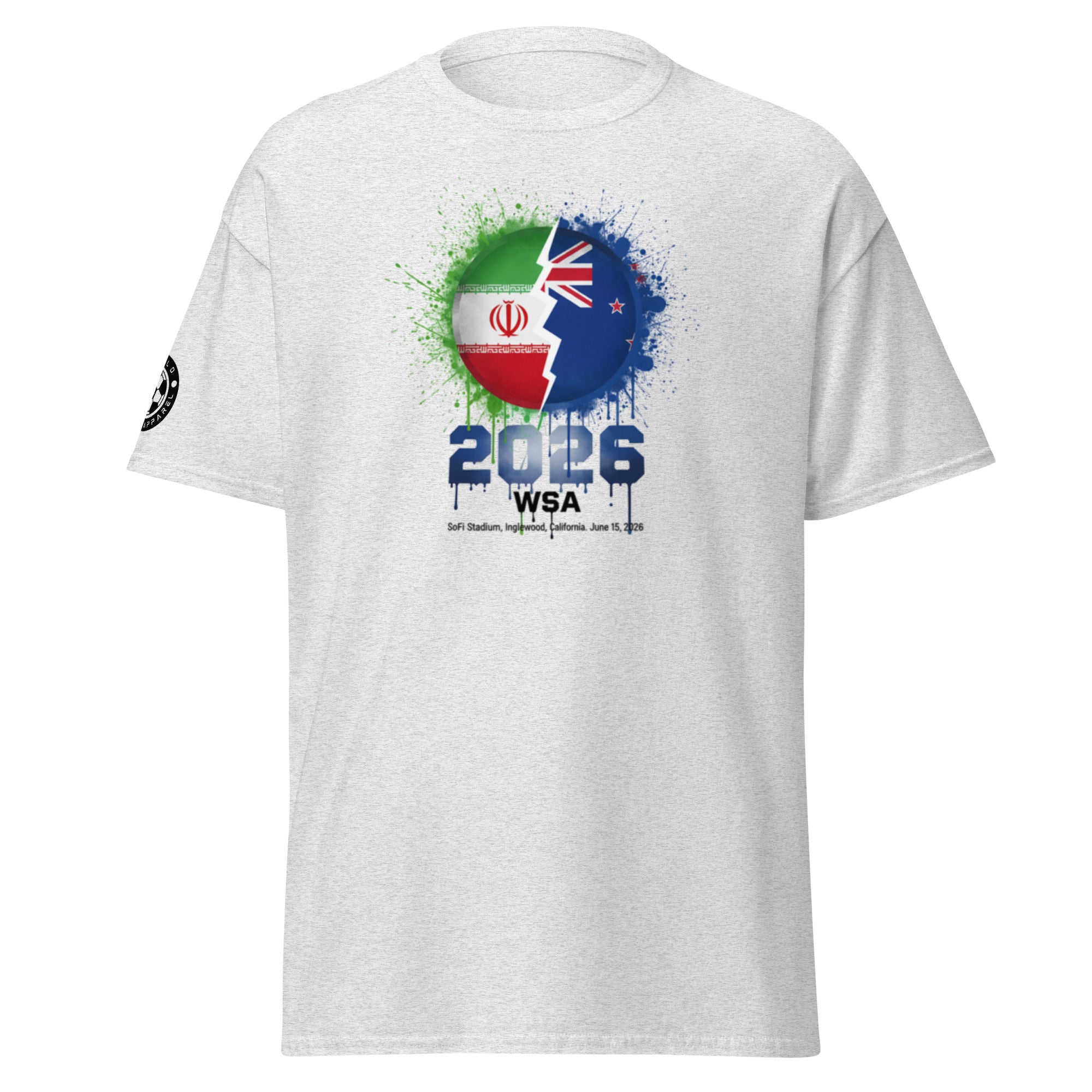 White t-shirt with a graphic design featuring two flags and text on a white background