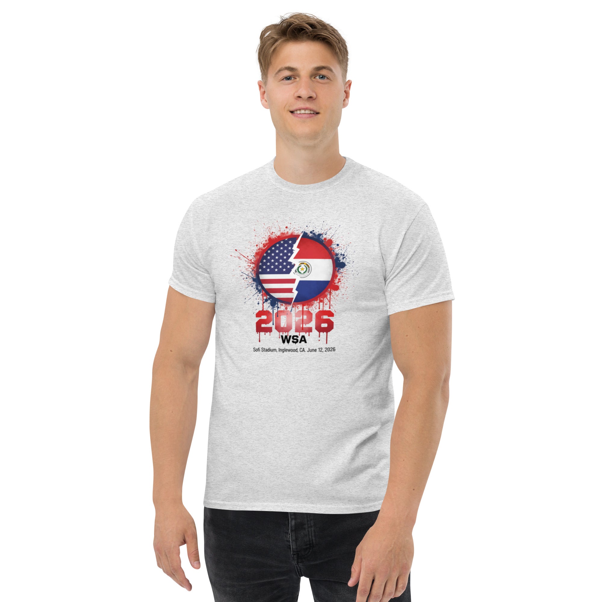 Person wearing a gray t-shirt with a design featuring flags and '2026 WSA' text on a white background