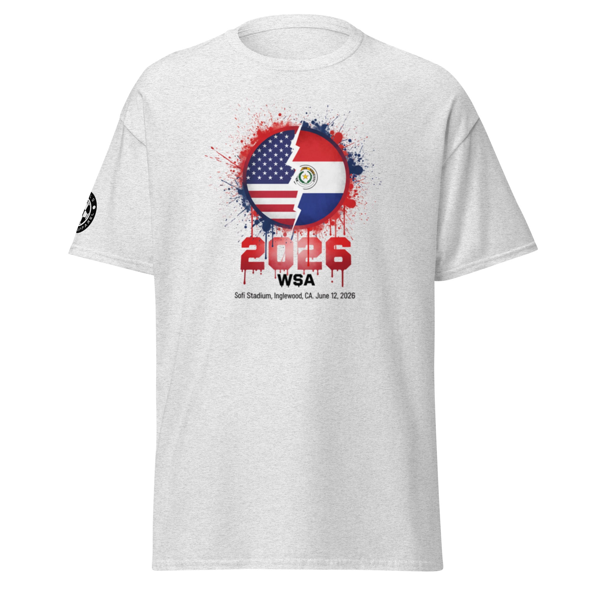 White t-shirt with a graphic design featuring an American flag and Paraguayan flag, along with text '2026 WSA'.