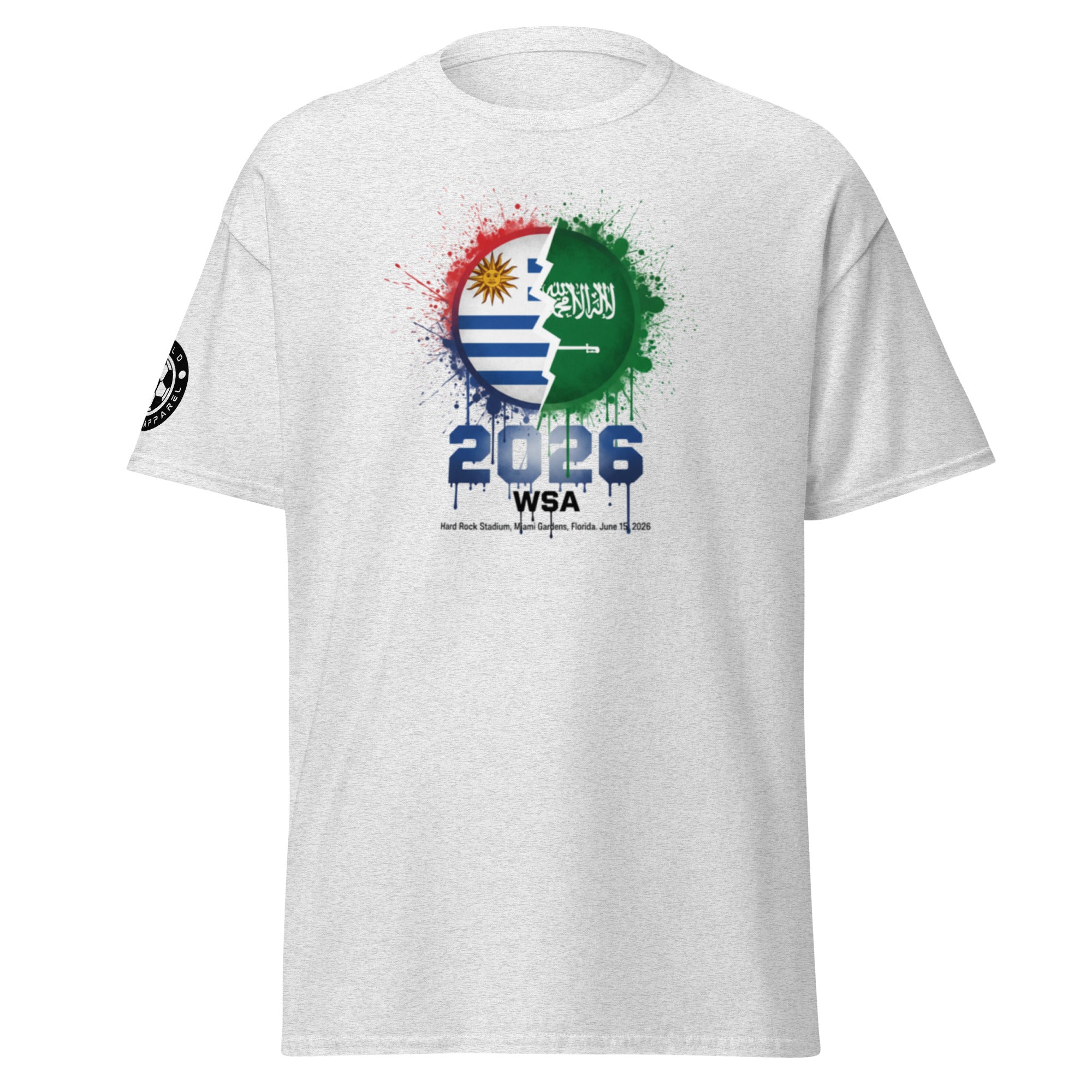 White t-shirt with graphic design and text on a white background