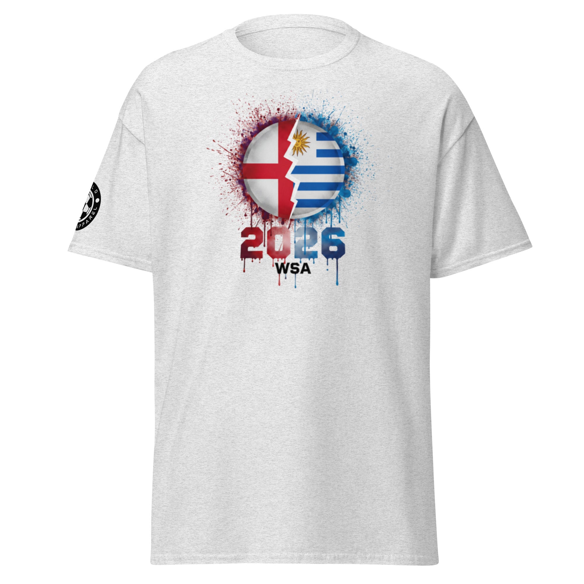 White t-shirt with a colorful graphic design on a white background