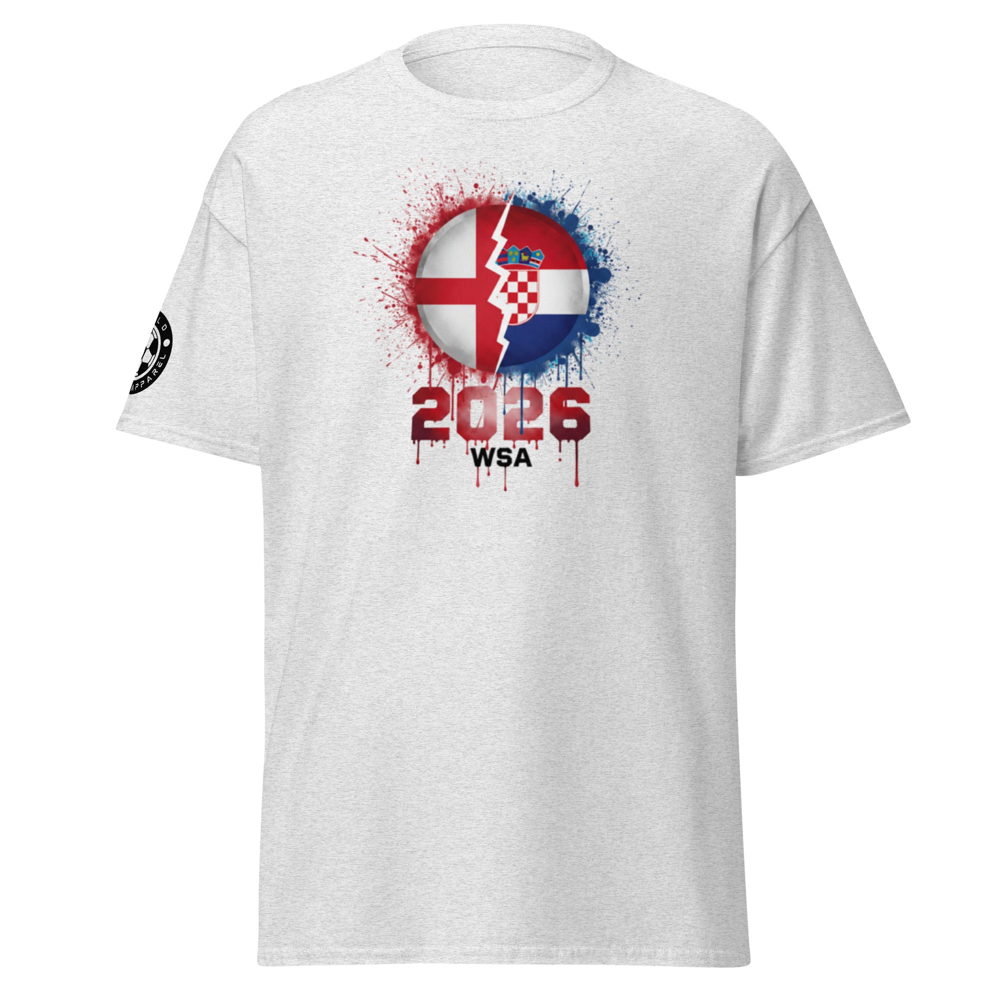 White t-shirt with a graphic design featuring a flag and text on a white background