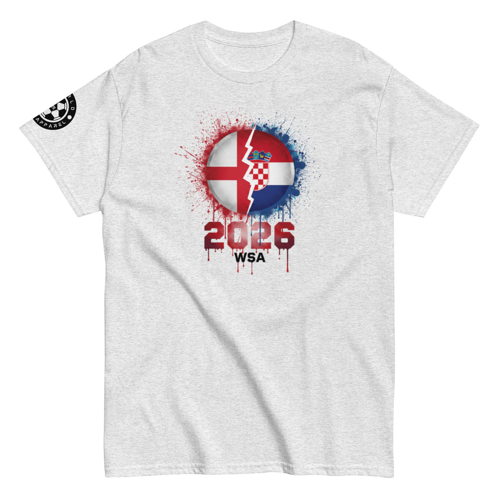 White t-shirt with a graphic design featuring a flag and '2026 WSA' text on a white background