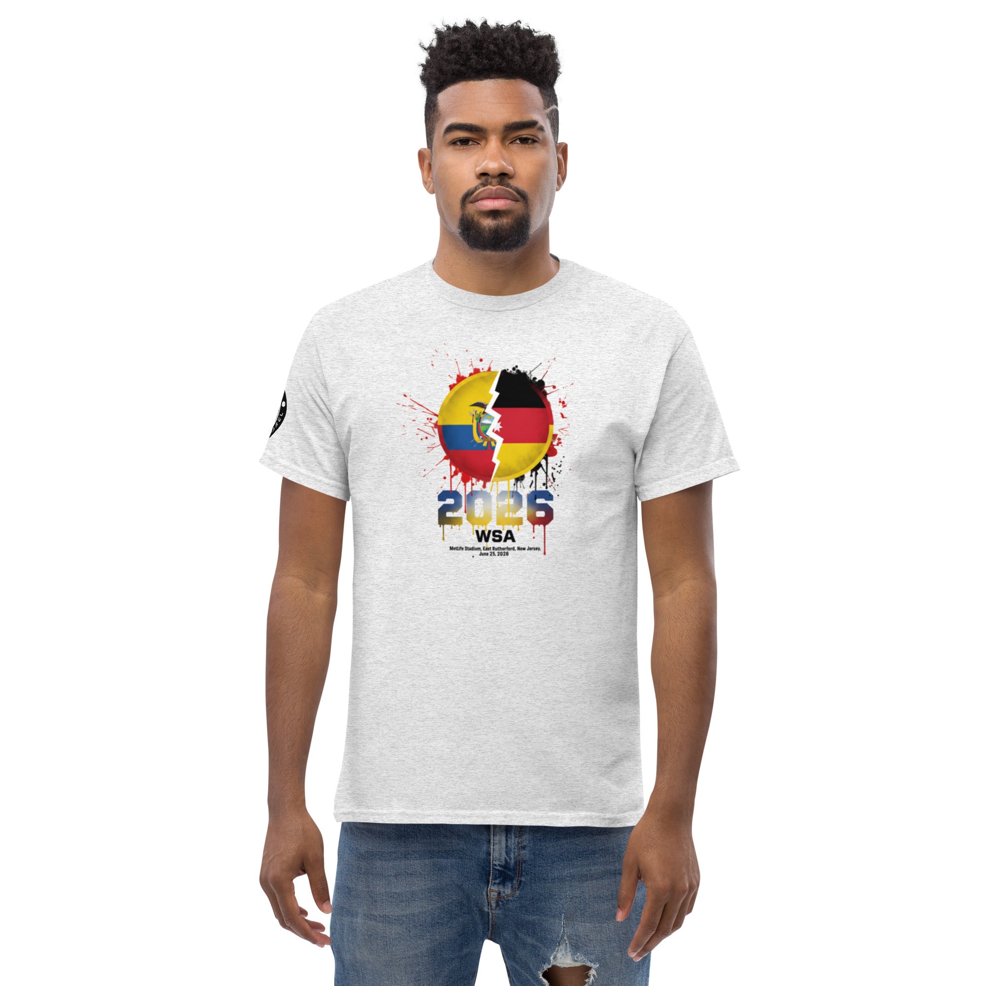 Man wearing a white t-shirt with colorful design and text on a white background