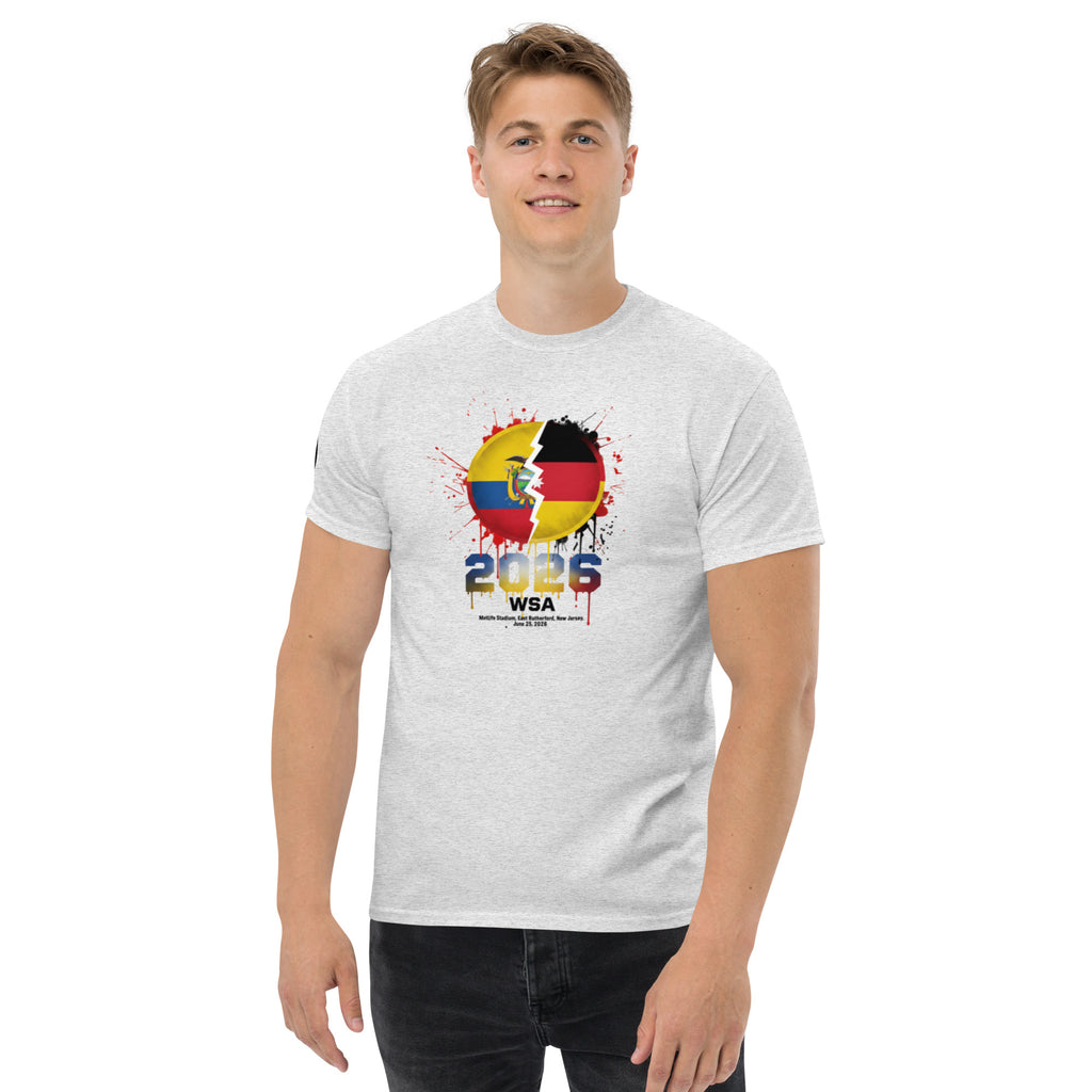 Person wearing a white t-shirt with a colorful graphic design on a white background
