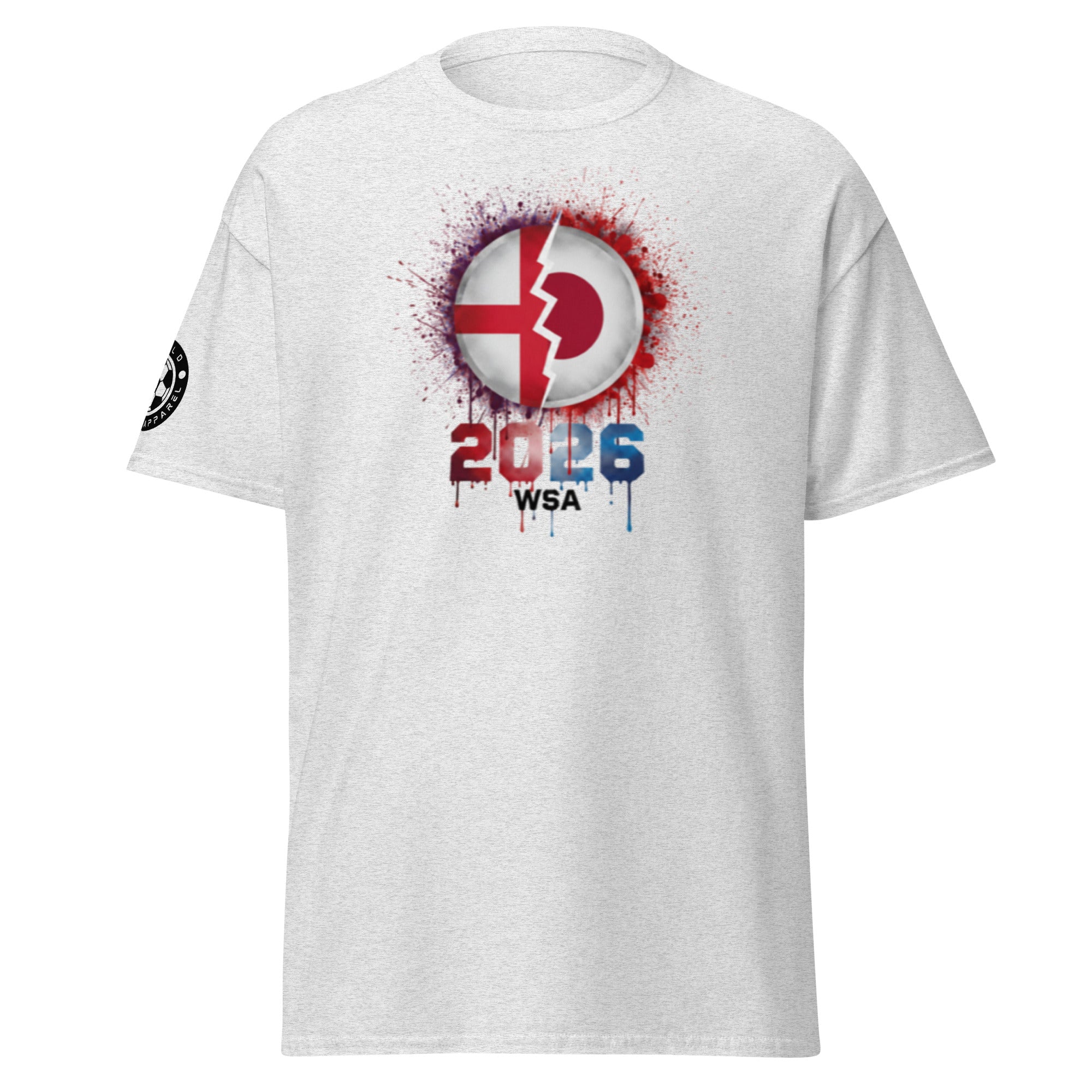 White t-shirt with a red and blue logo and text on a white background