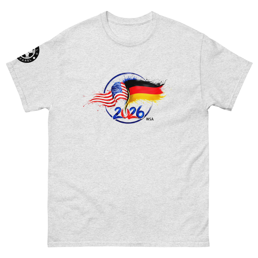 Gray t-shirt with American and German flag design and '2026' text on a white background