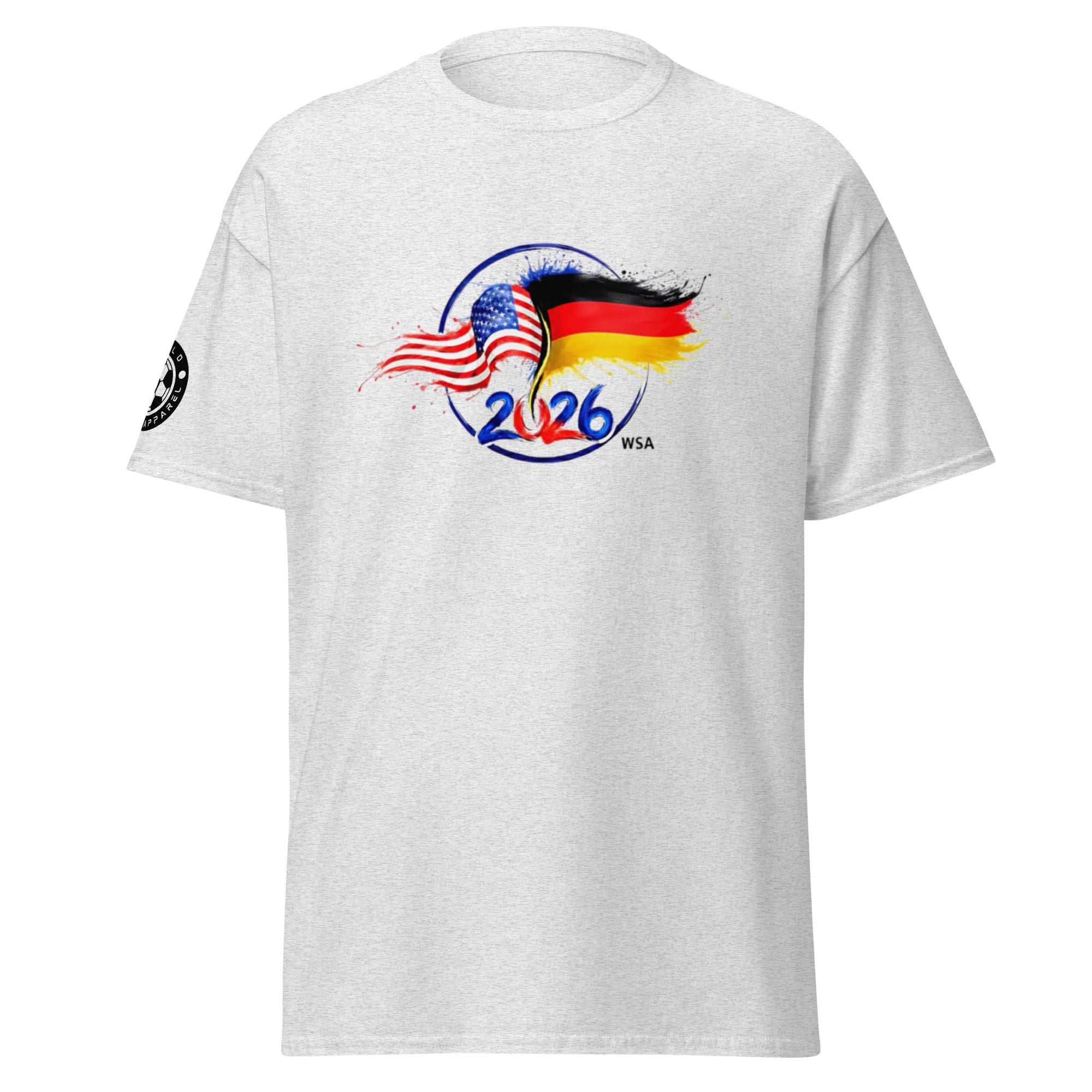 White t-shirt with American and German flag design and '2026 WSA' text on a white background