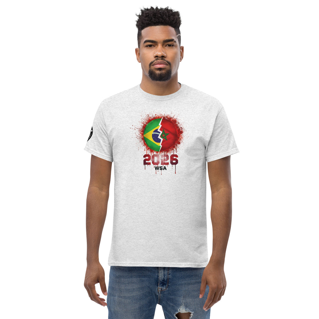 Man wearing a white t-shirt with a colorful design and text on a white background