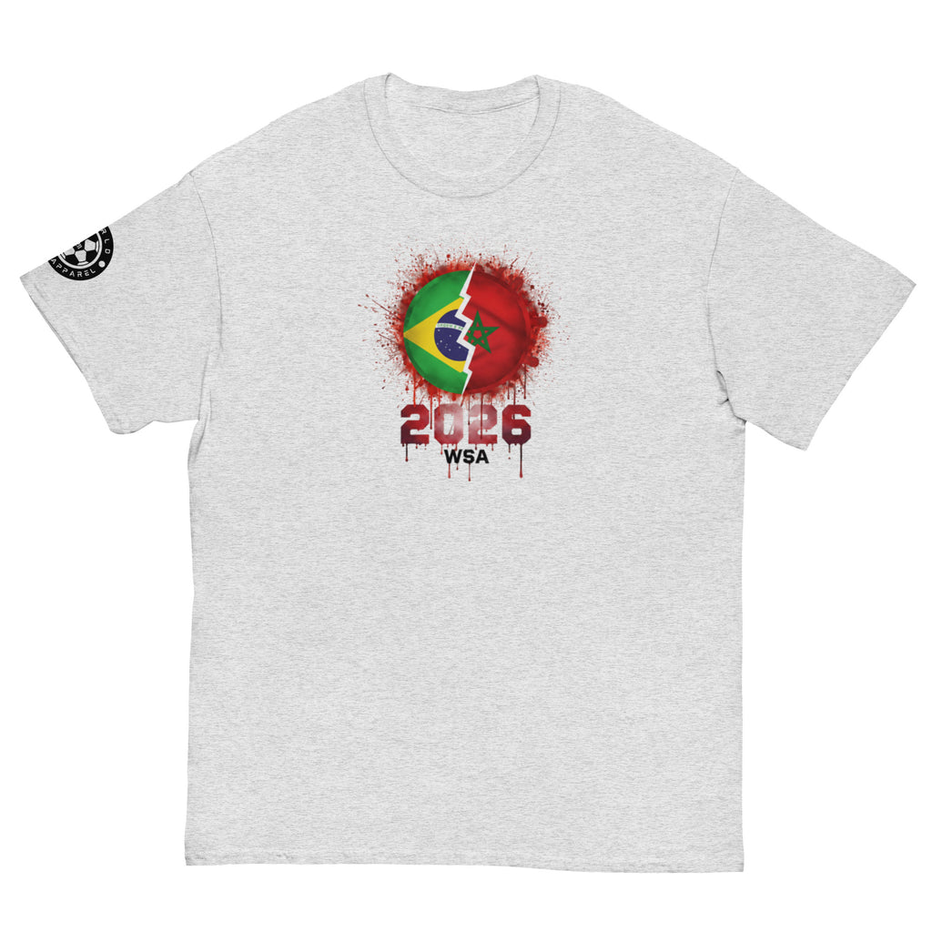 Gray t-shirt with a colorful graphic design on a white background