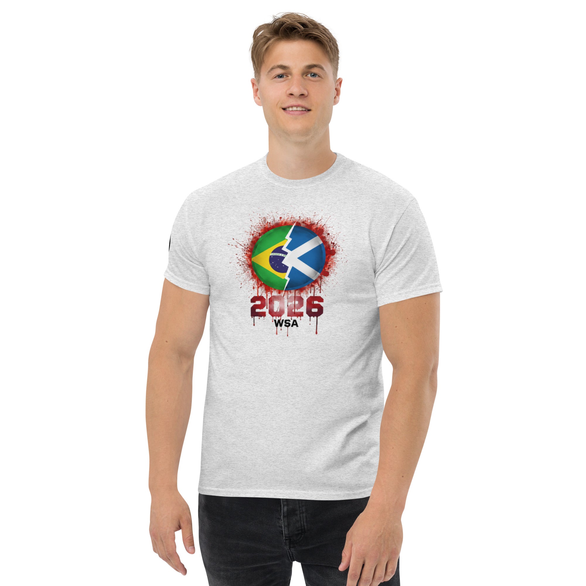 Person wearing a white t-shirt with a colorful design and text on a white background