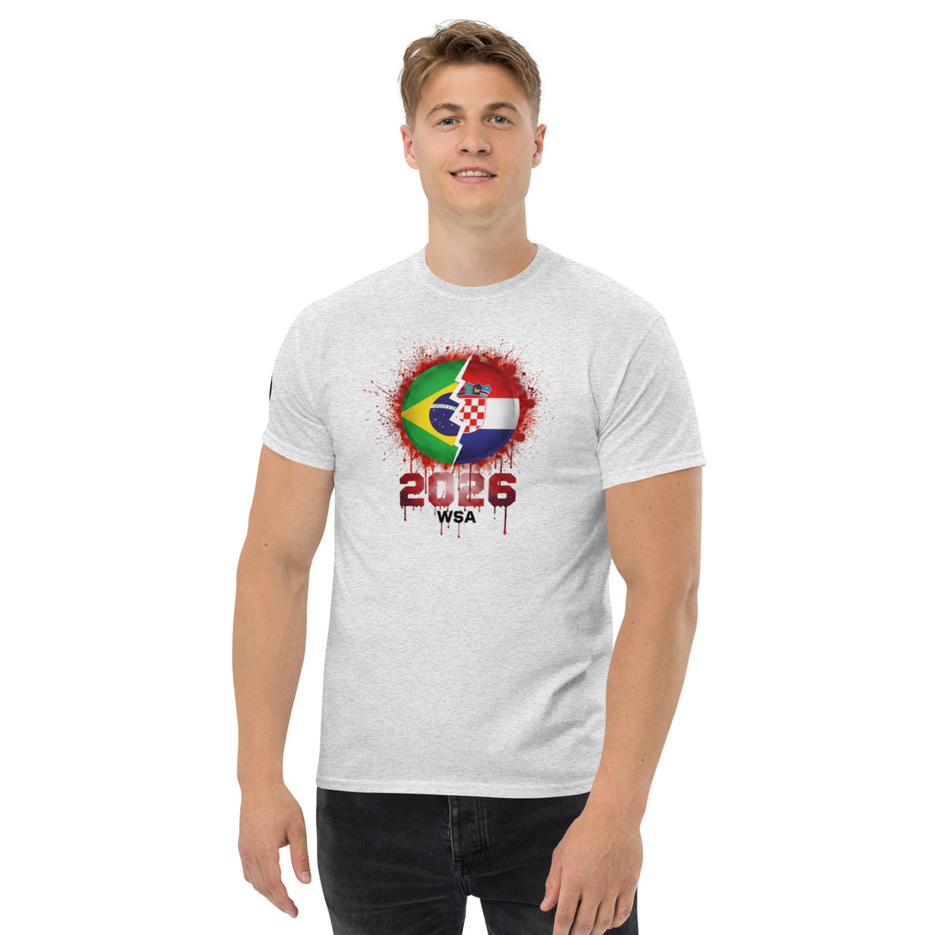 Person wearing a white t-shirt with a colorful design and '2026' text on a white background