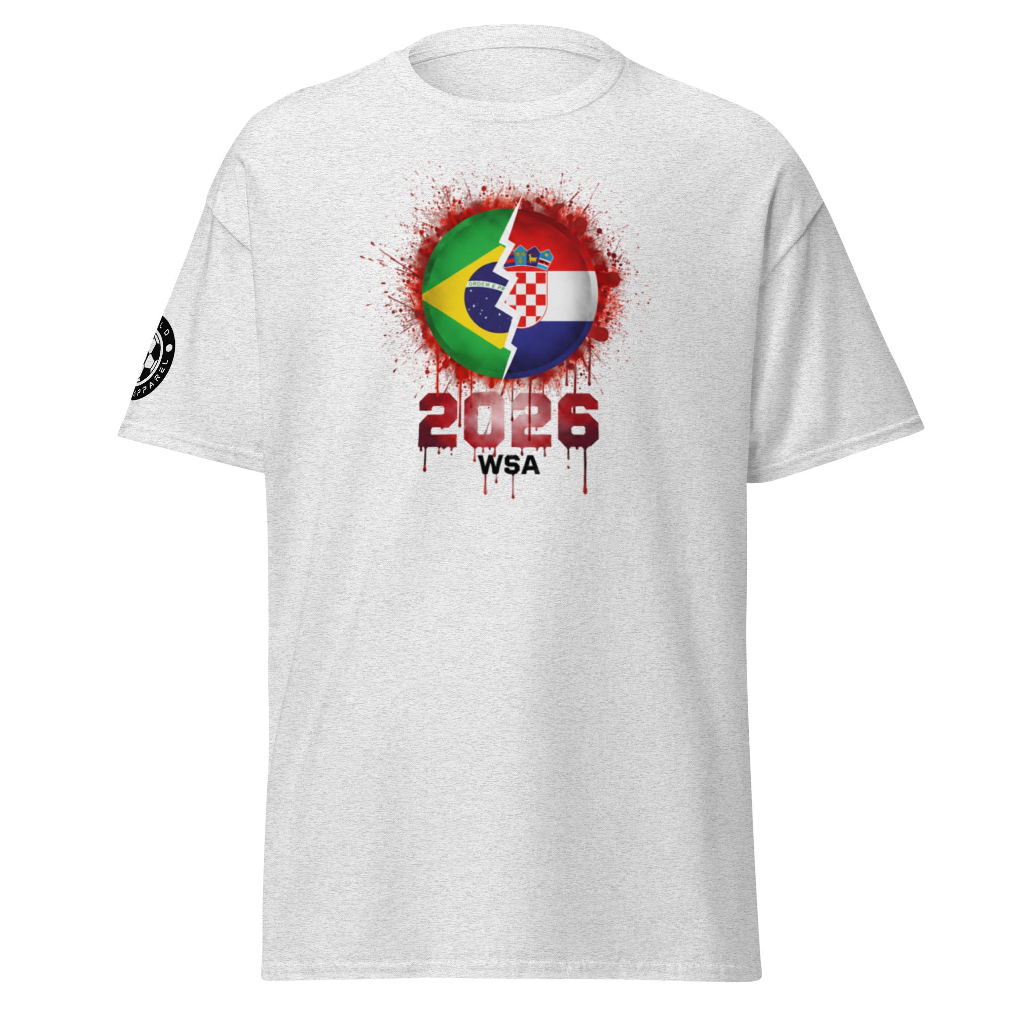 White t-shirt with a colorful graphic design featuring flags and '2026 WSA' text on a white background.