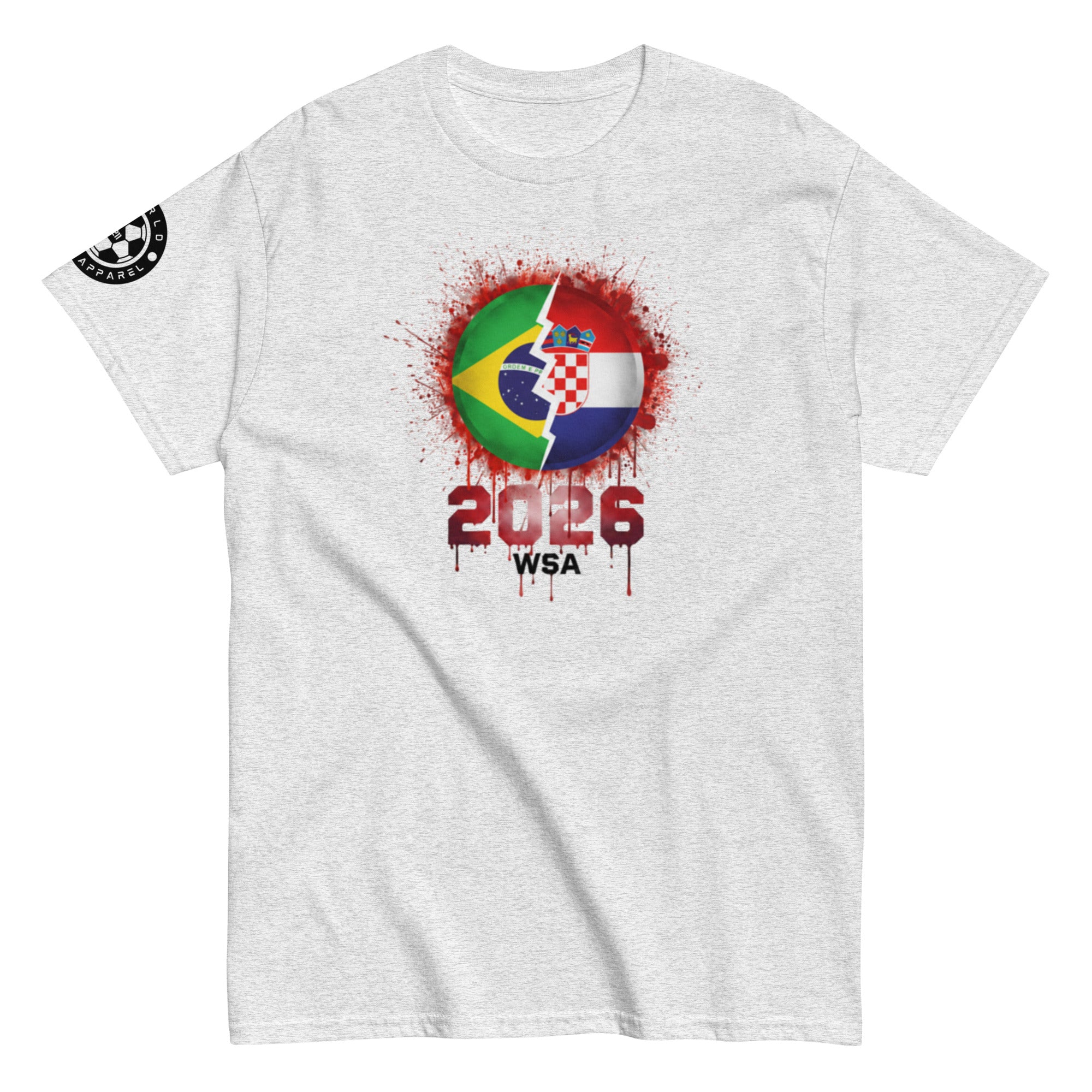White t-shirt with colorful graphic design featuring flags and '2026 WSA' text on a white background.