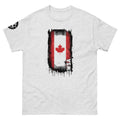 Gray t-shirt with a graphic design featuring a maple leaf and text on a white background