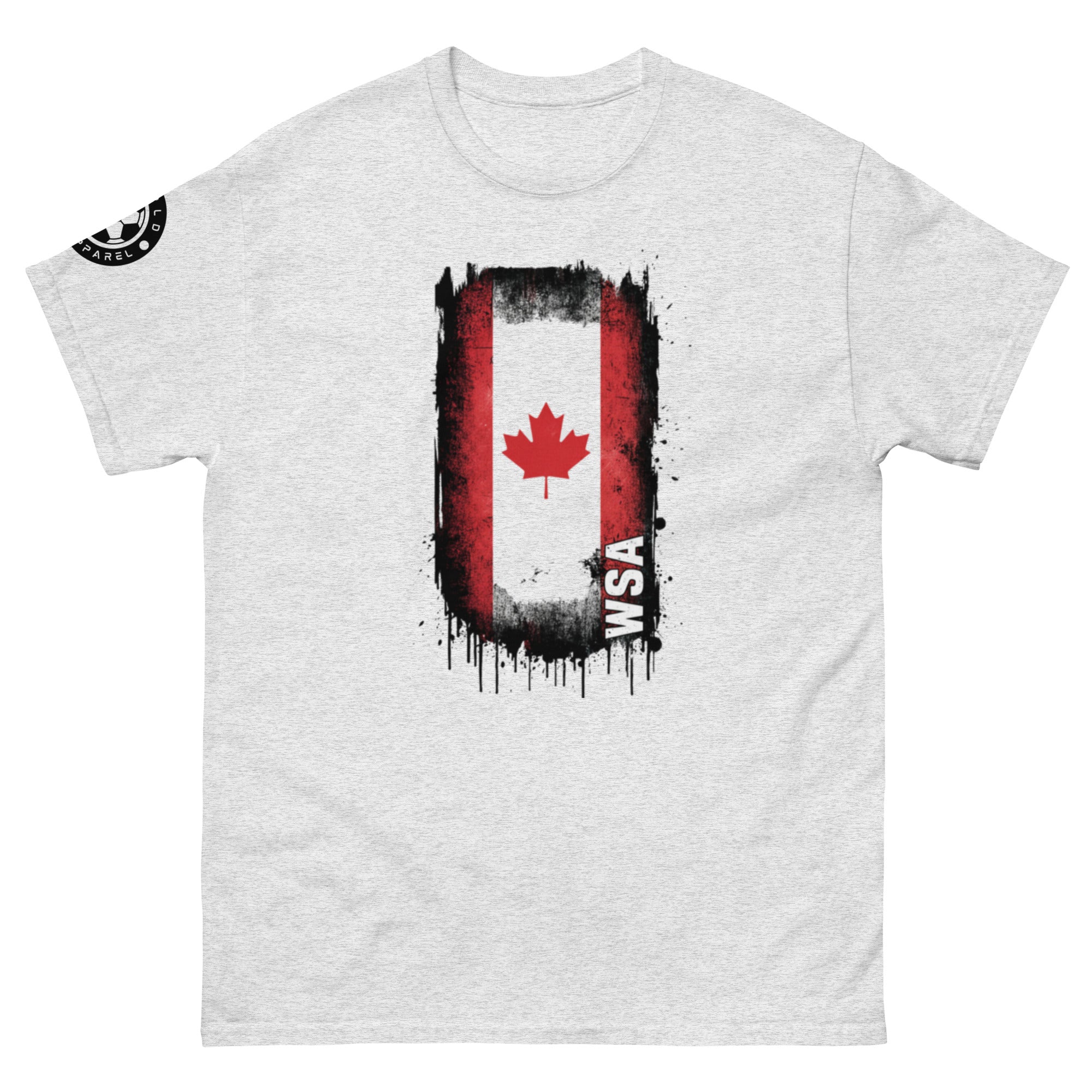 Gray t-shirt with a graphic design featuring a maple leaf and text on a white background