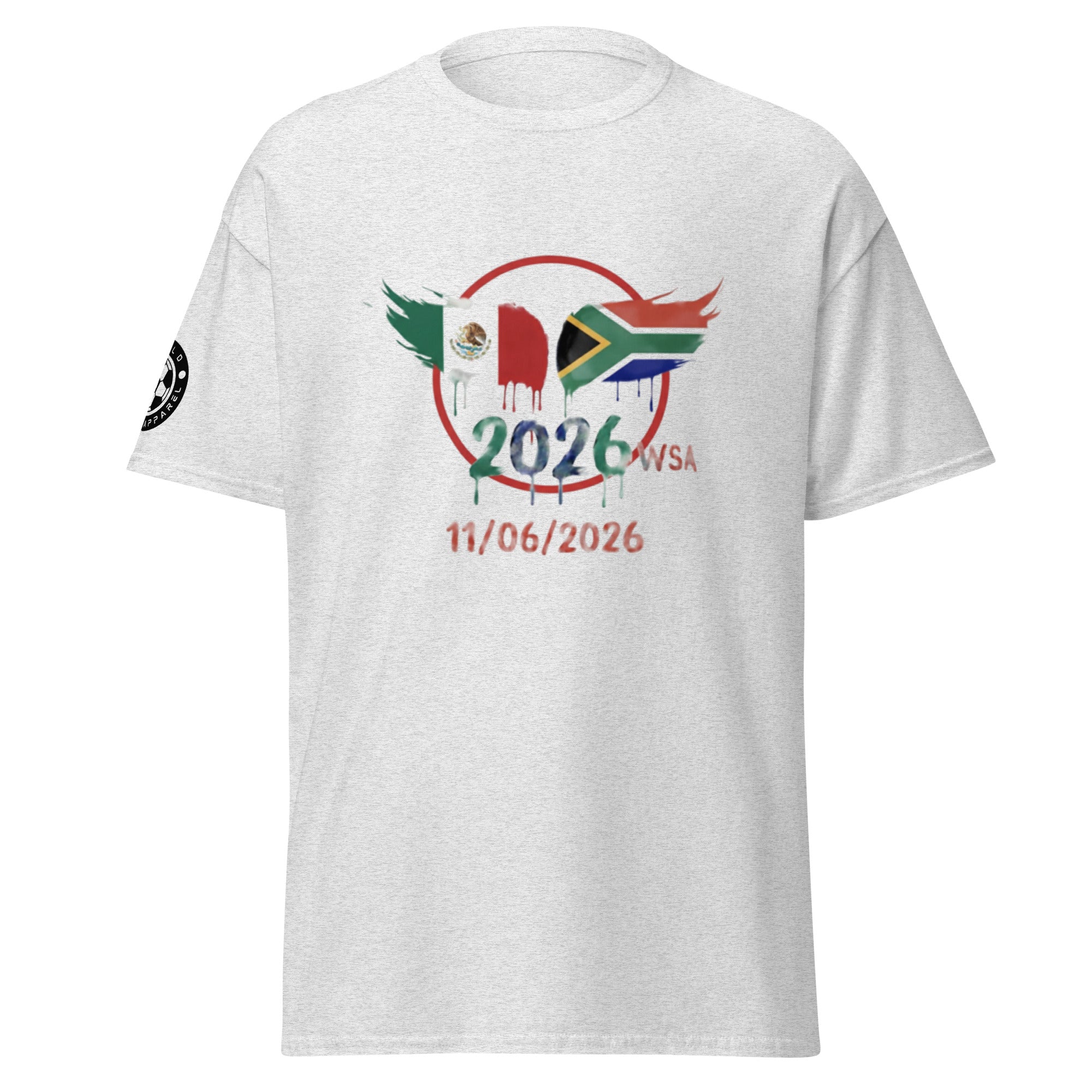 White t-shirt with 2026 World Cup design featuring flags on a white background