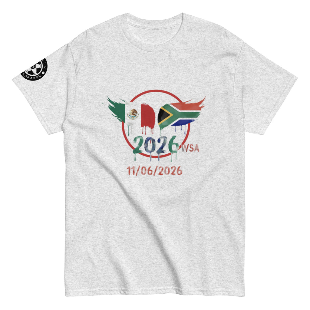 Gray t-shirt with 2026 World Cup design featuring flags on a white background