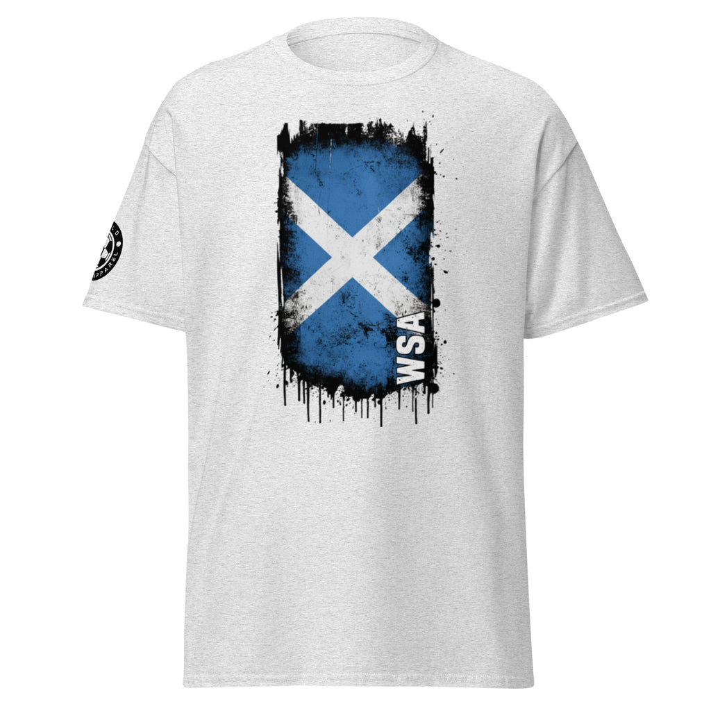White t-shirt with a blue and white cross design and 'WSA' text on a white background