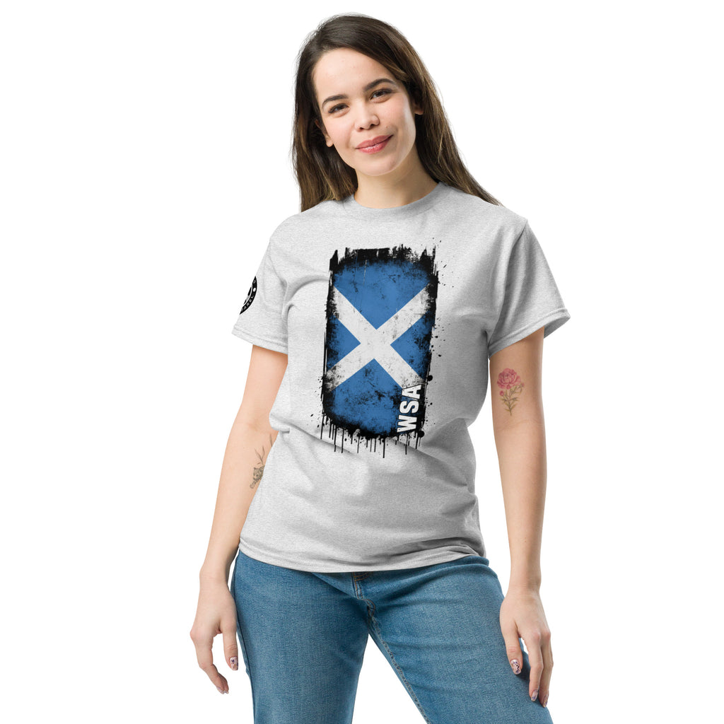 Woman wearing a white t-shirt with a blue and white design on a white background