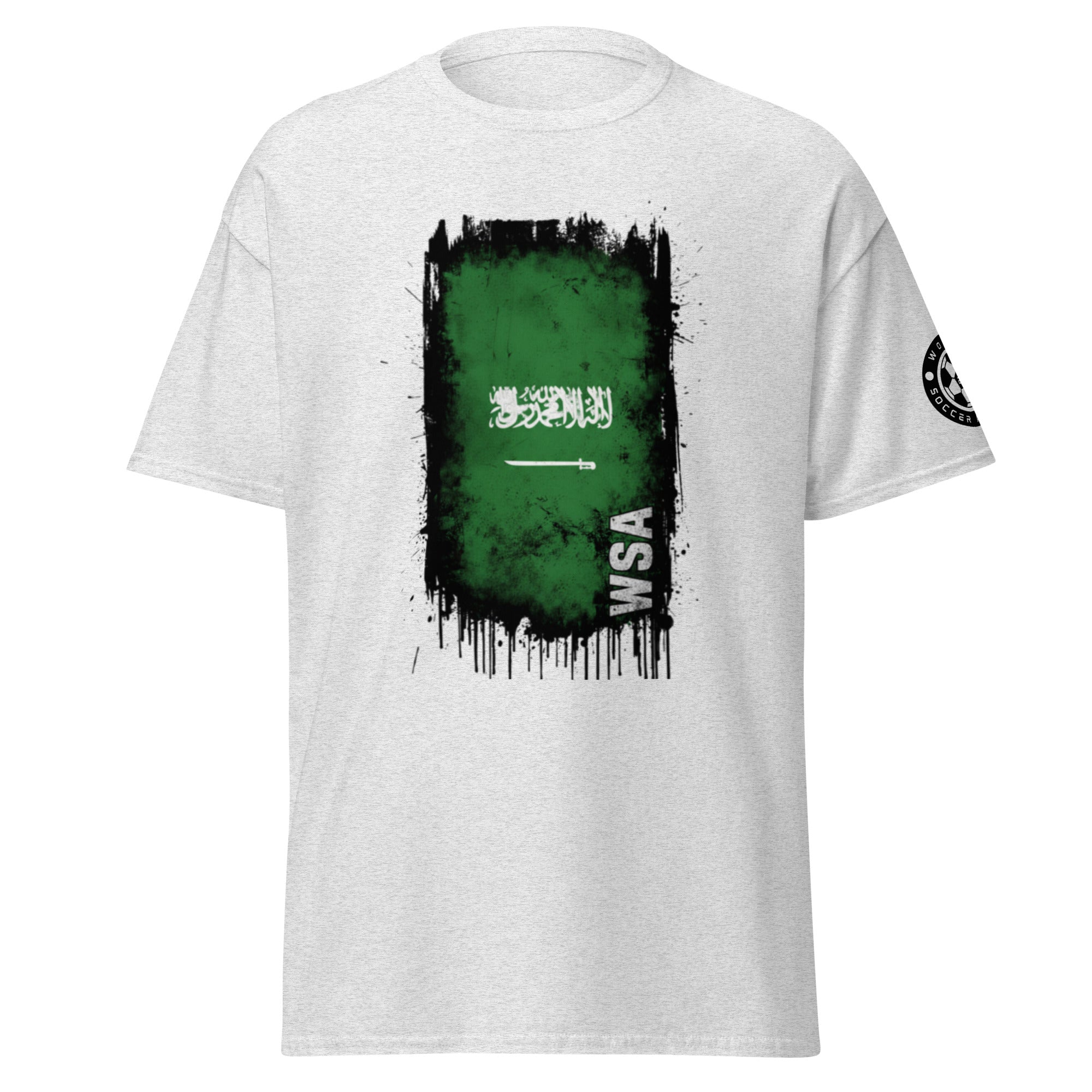 White t-shirt with green flag design and 'WSA' text on a white background