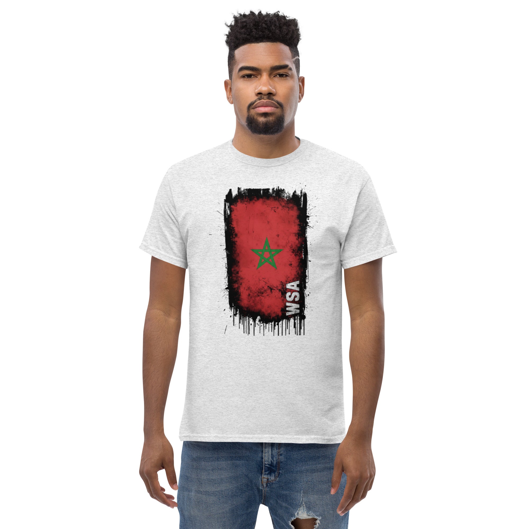 Man wearing a white t-shirt with a red and black graphic design on a white background