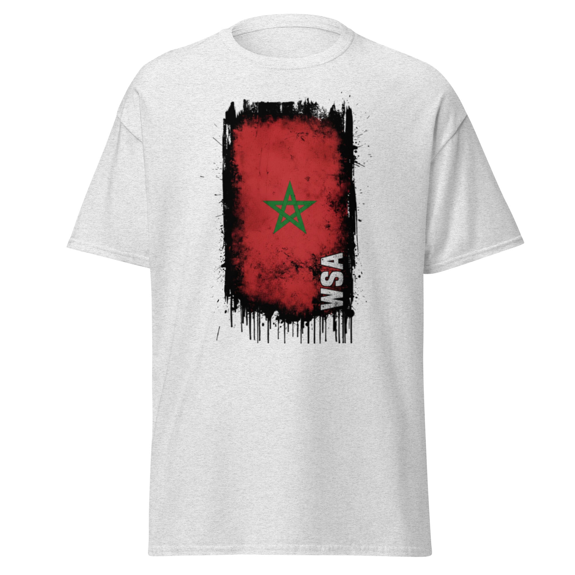 White t-shirt with a red flag design featuring a green star and 'WSA' text on a white background