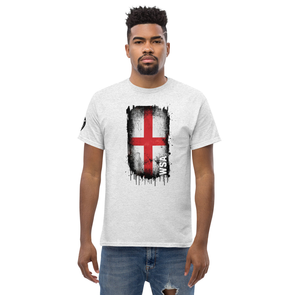 Man wearing a white t-shirt with a graphic design on a white background