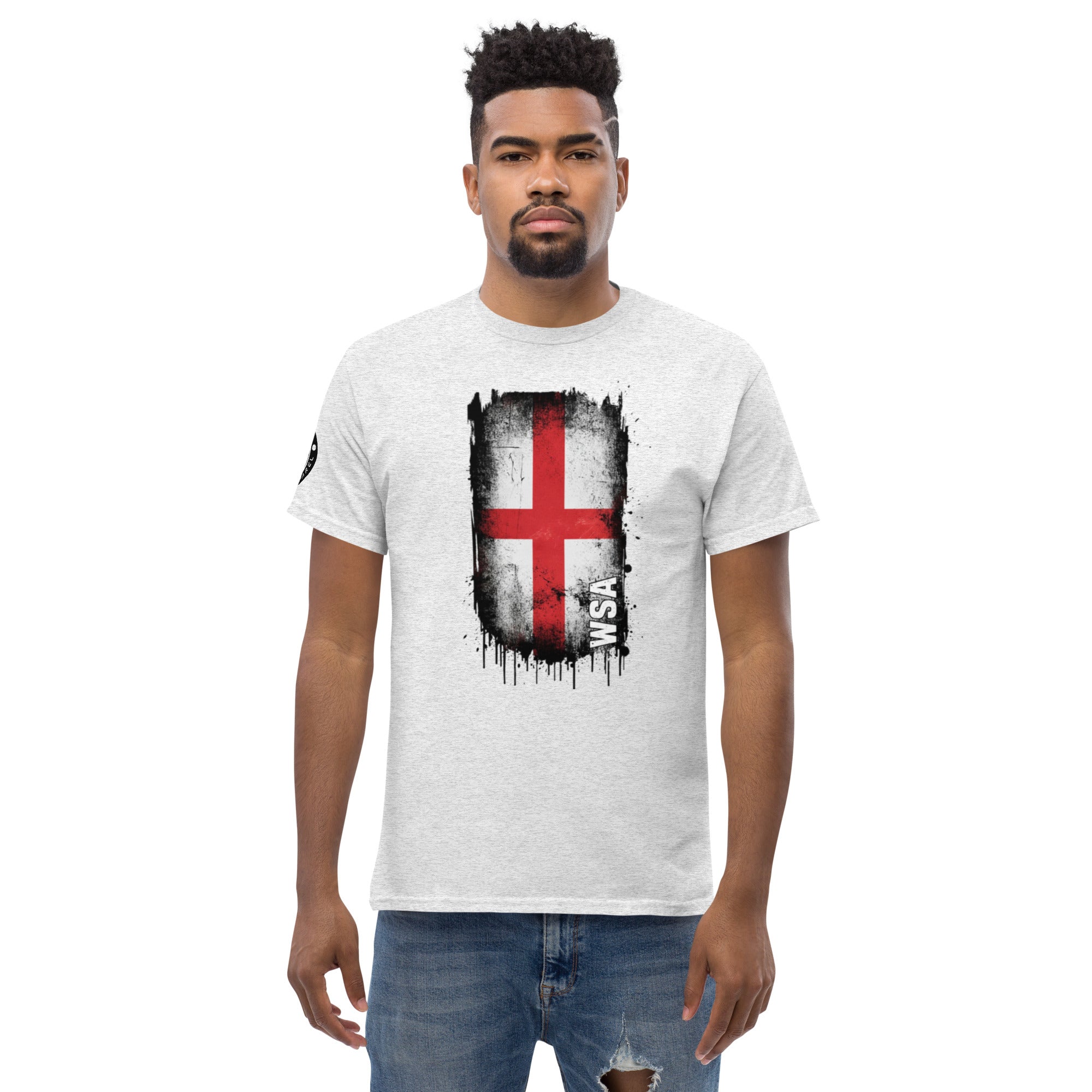 Man wearing a white t-shirt with a graphic design on a white background