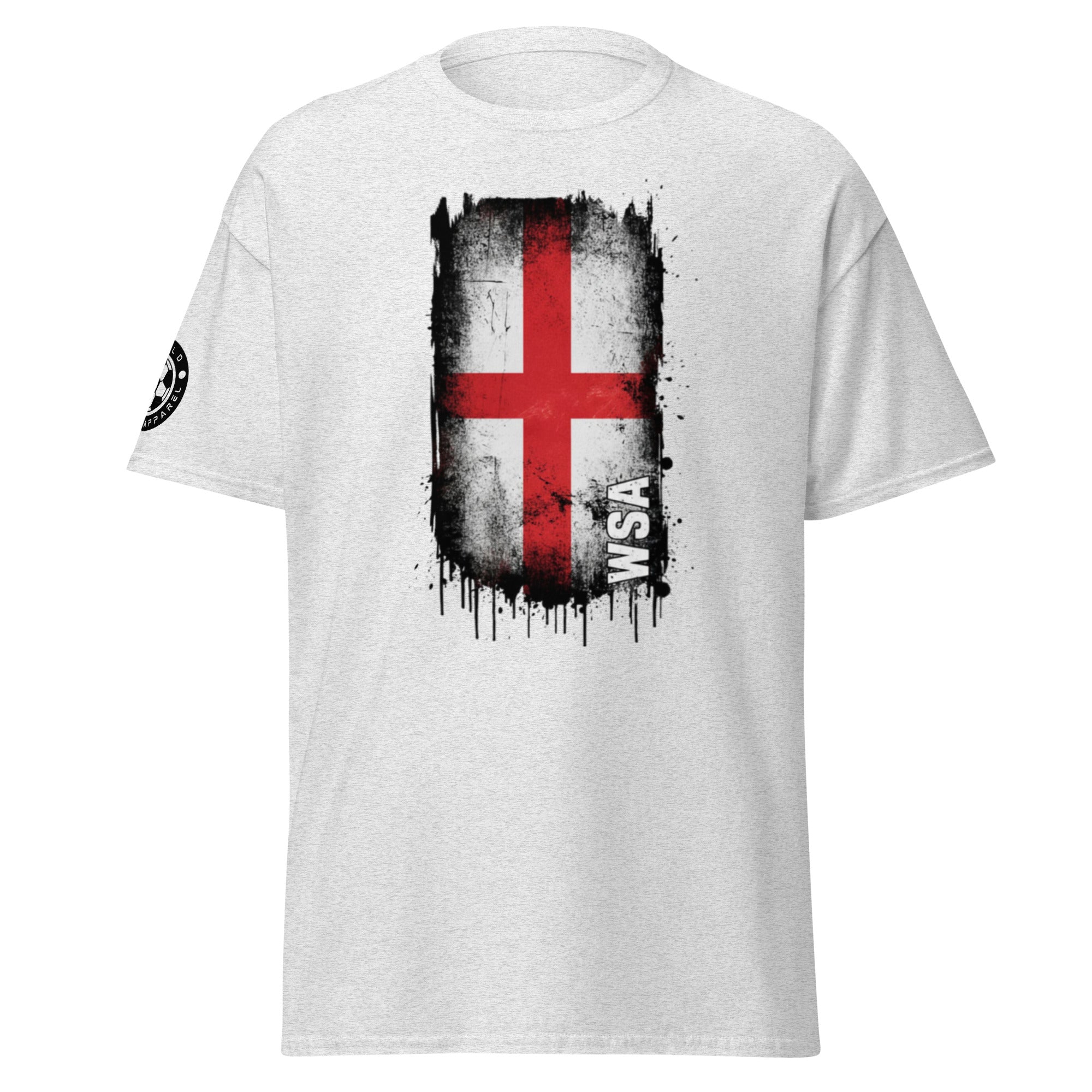 White t-shirt with a red cross design and 'WSA' text on a white background