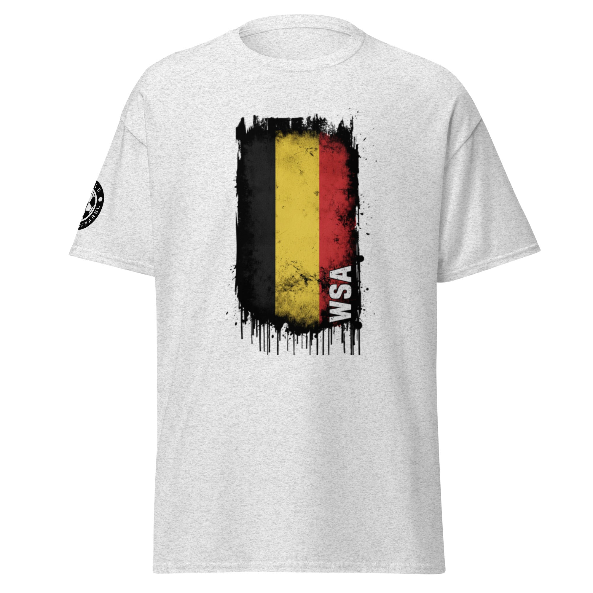 White t-shirt with a black, red, and yellow flag design on a white background