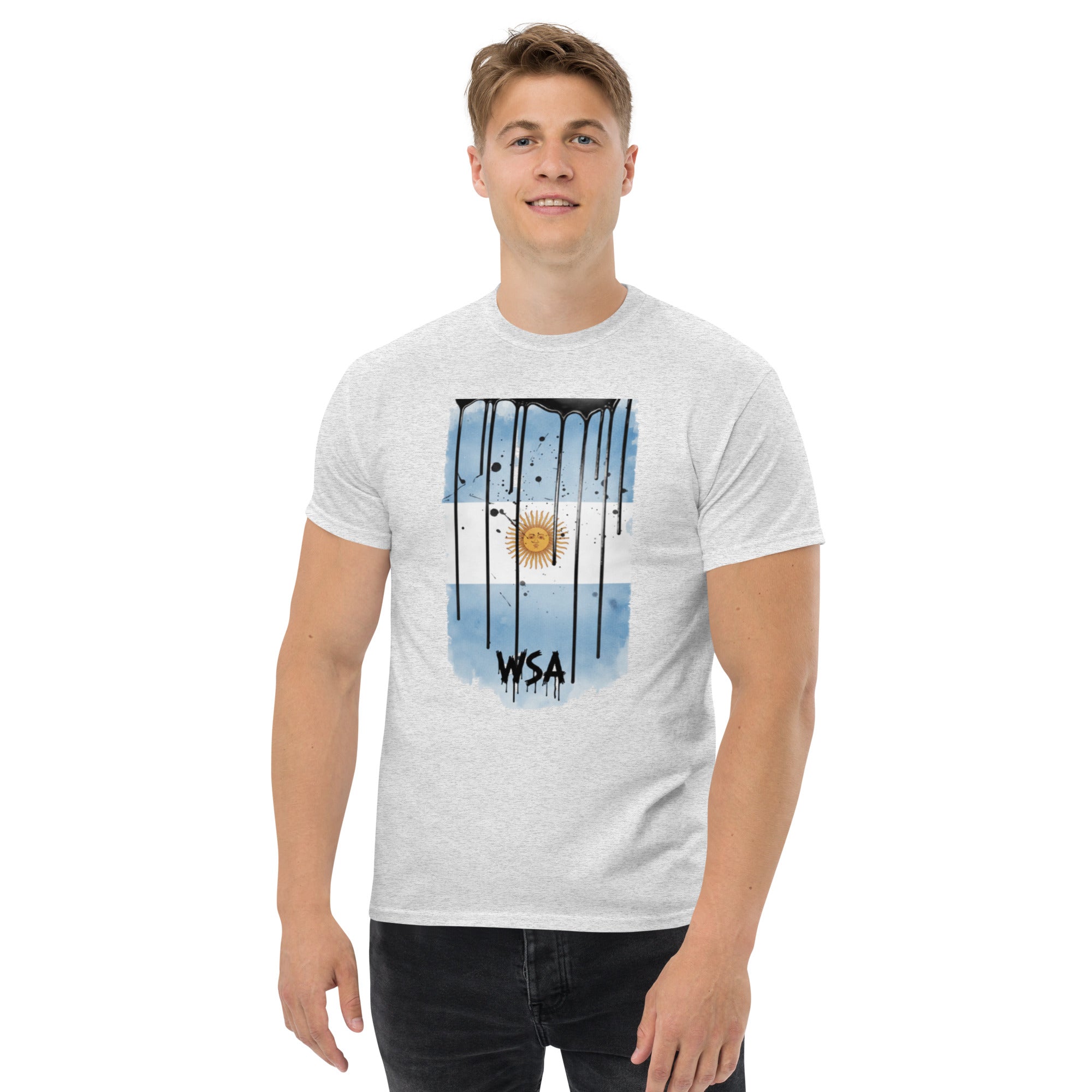 Person wearing a gray t-shirt with a graphic design on a white background