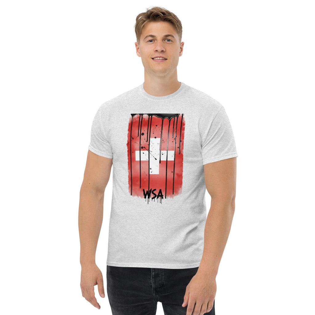 Person wearing a gray t-shirt with a red and black graphic design on a white background