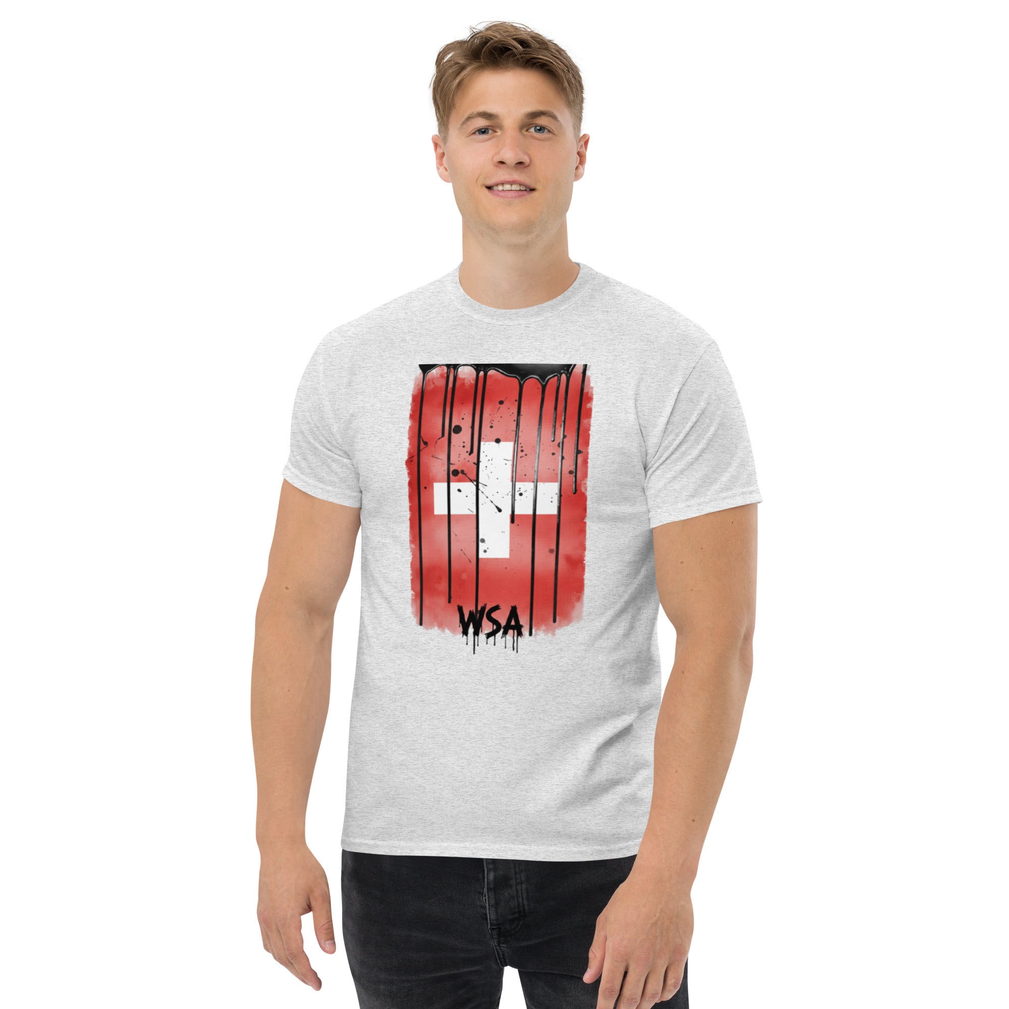 Person wearing a gray t-shirt with a red and black graphic design on a white background