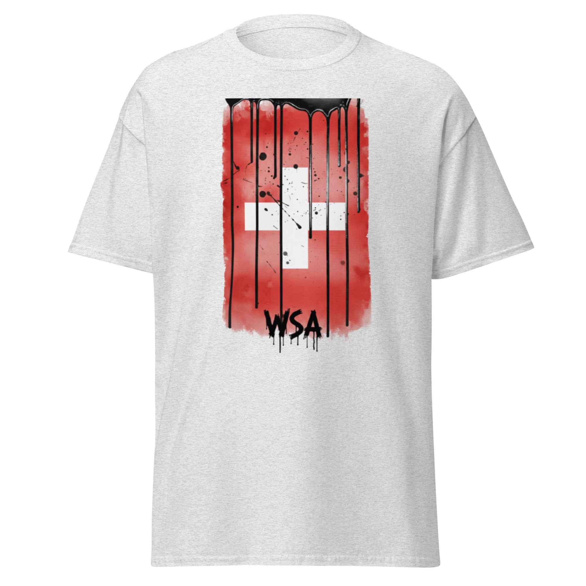 White t-shirt with red and black graphic design on a white background