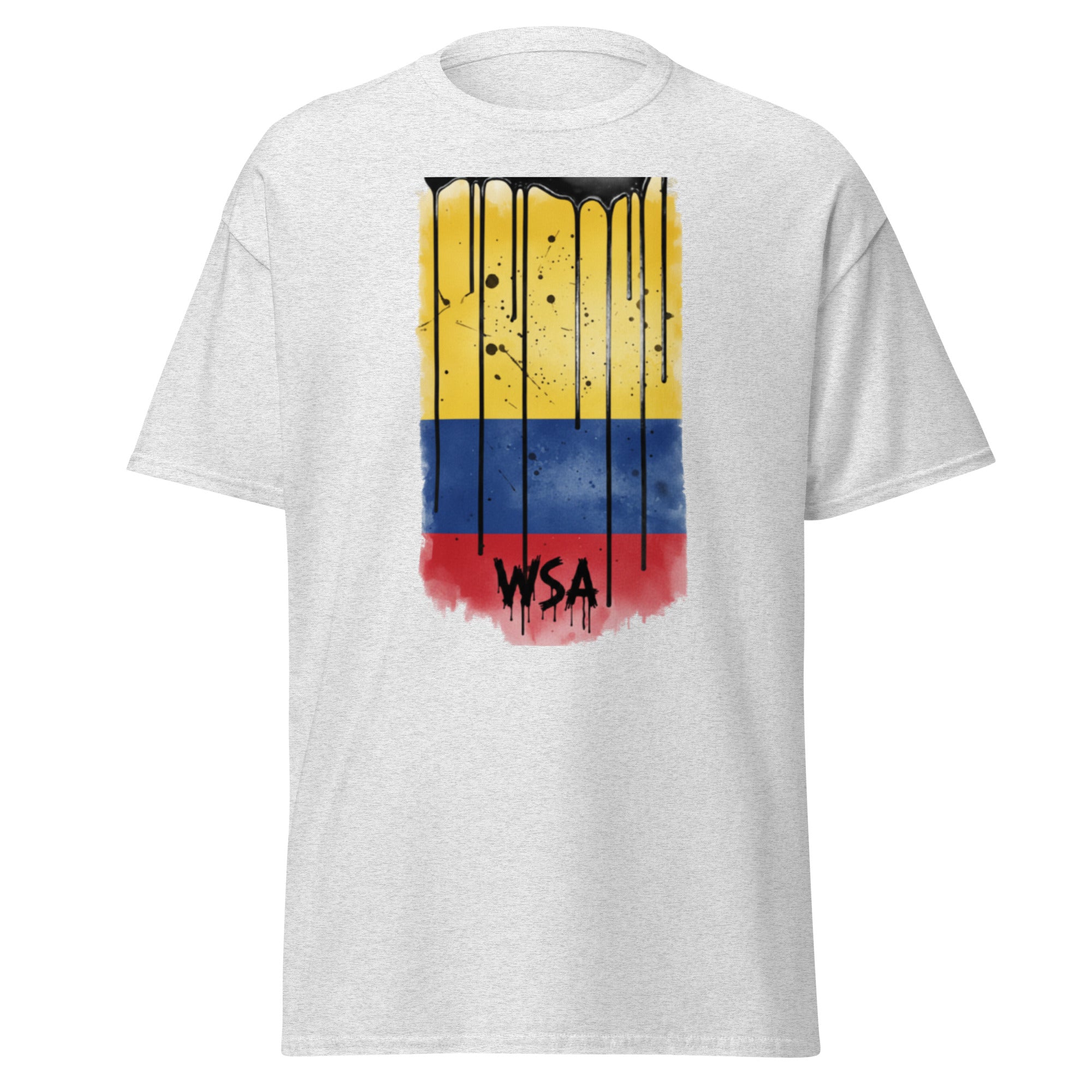 White t-shirt with a colorful design and 'WSA' text on a white background