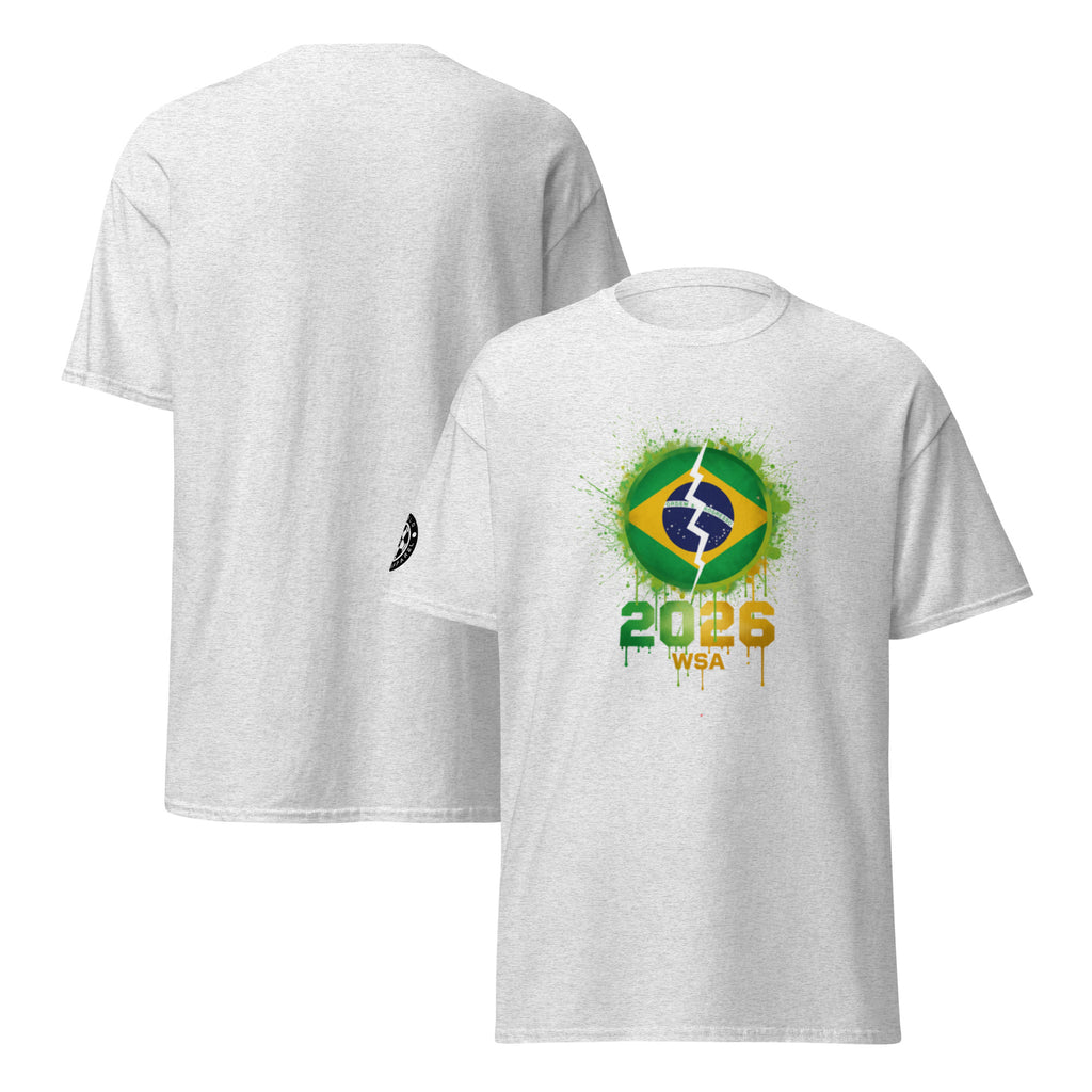 White t-shirt with Brazilian flag design and '2026 WSA' text on a white background