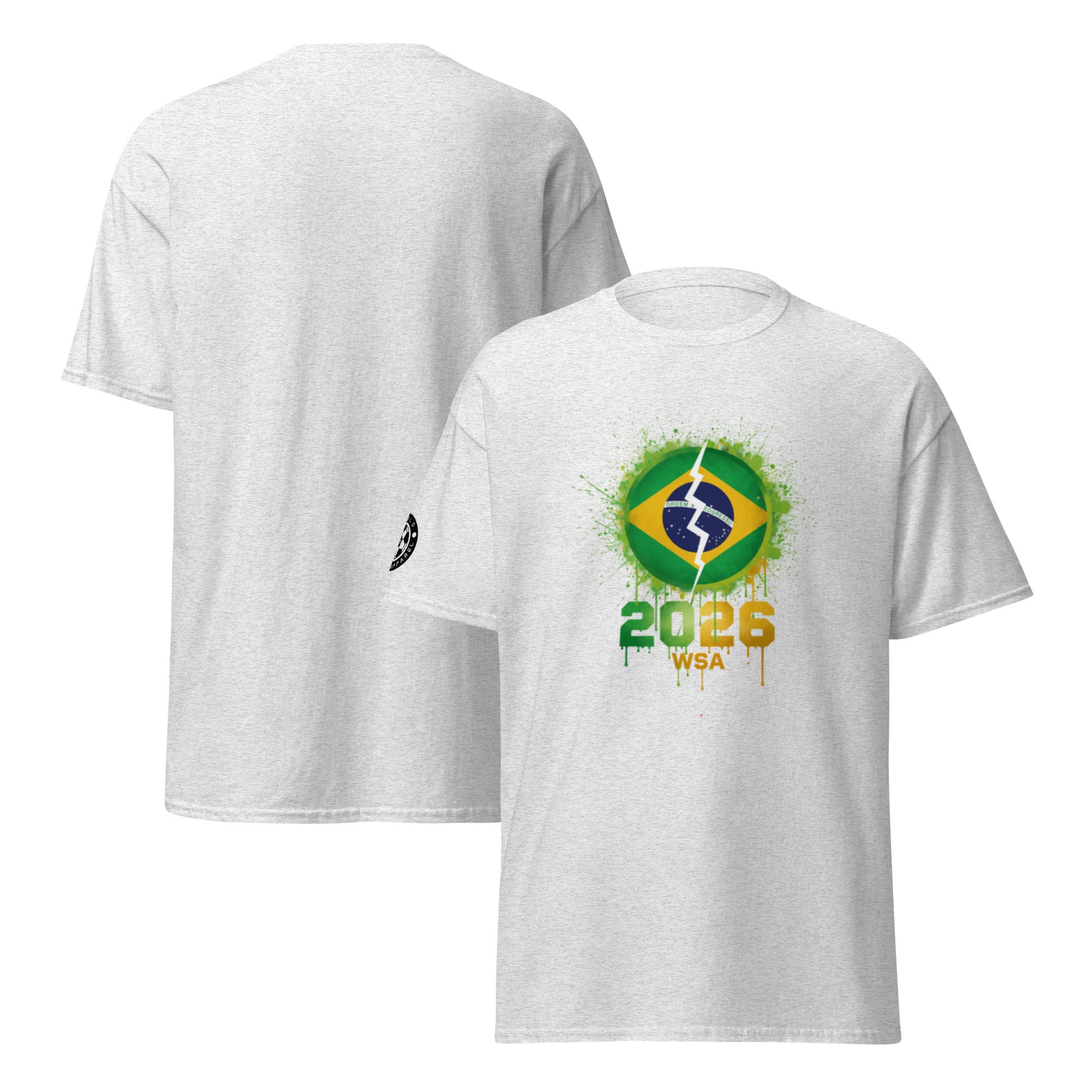 White t-shirt with Brazilian flag design and '2026 WSA' text on a white background