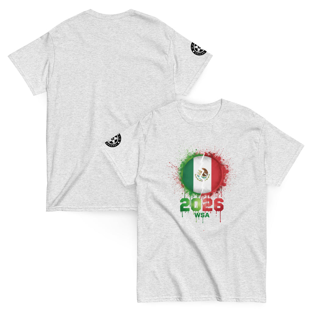 Gray t-shirt with Mexican flag design and '2026 WSA' text on a white background