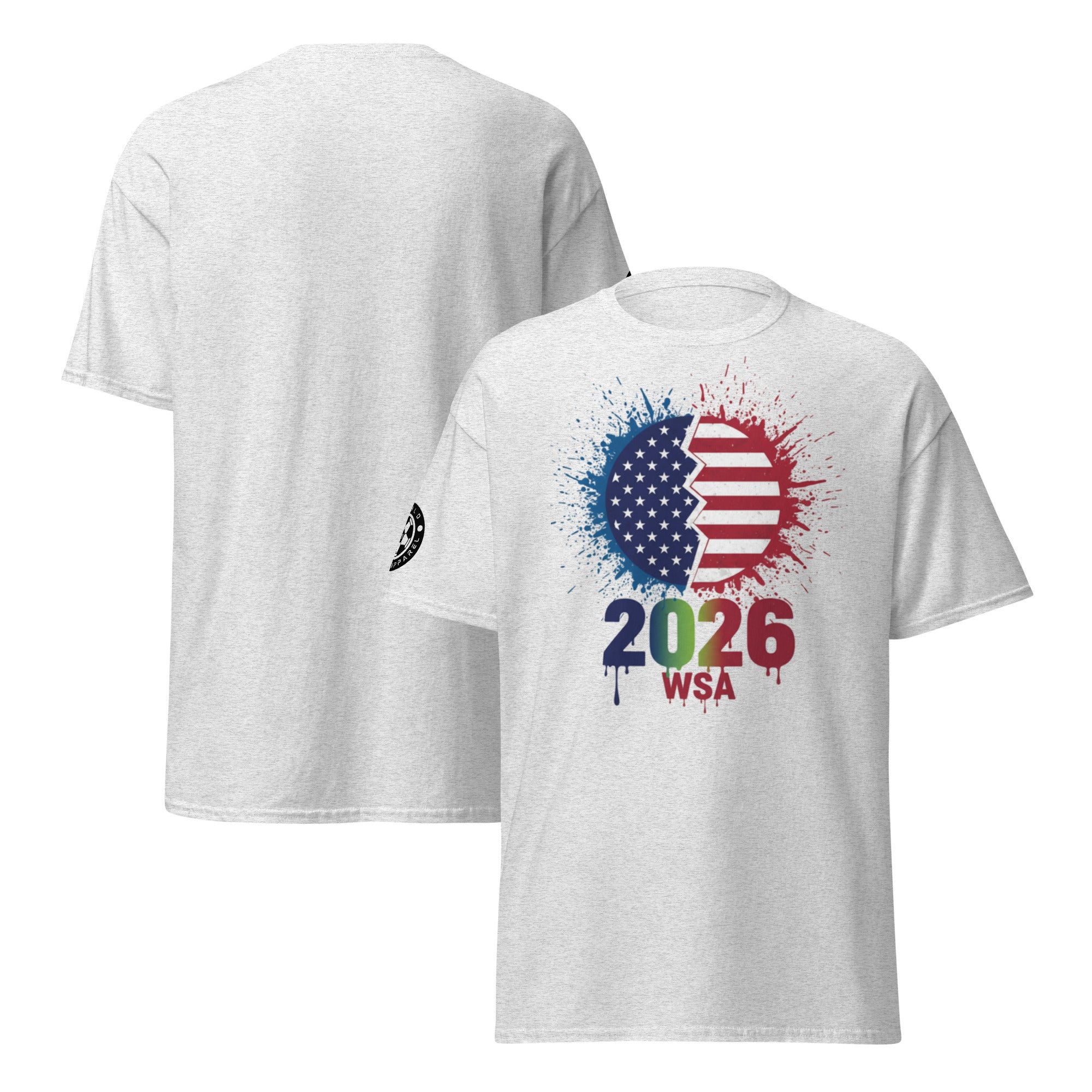 White t-shirt with a design featuring the years 2026 and WSA, displayed on a white background.