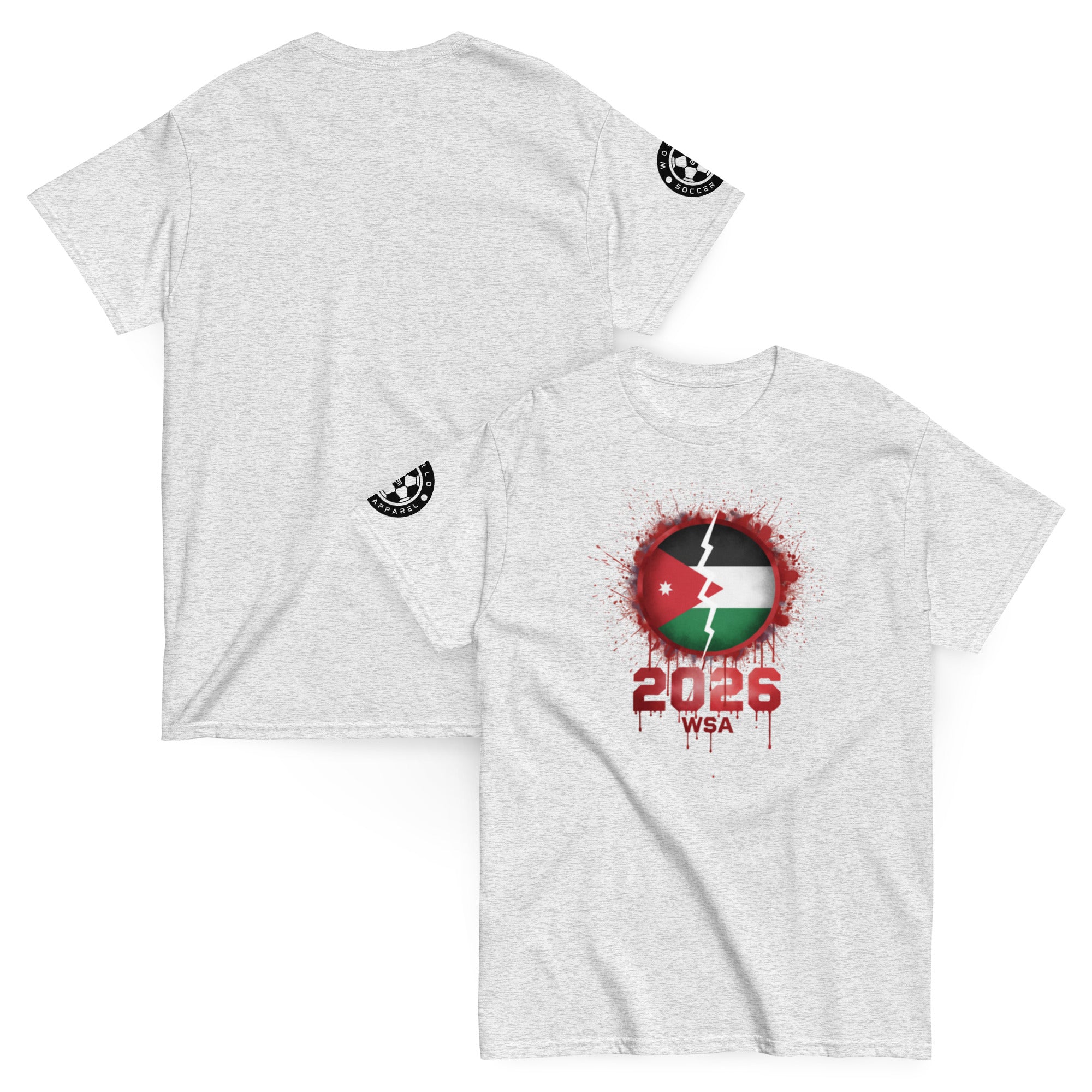 Gray t-shirt with Jordanian flag design and '2026 WSA' text on a white background
