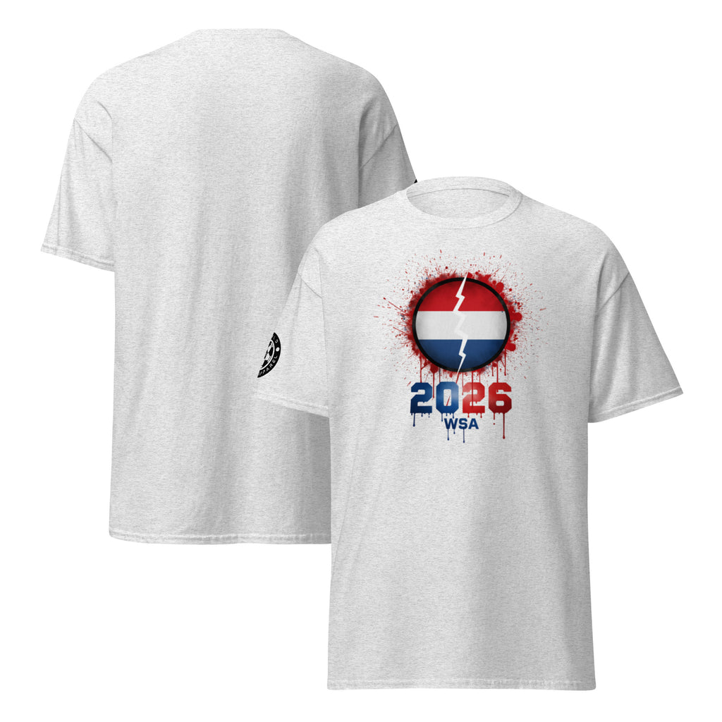 White t-shirt with a design featuring a flag and '2026 WSA' text on a white background