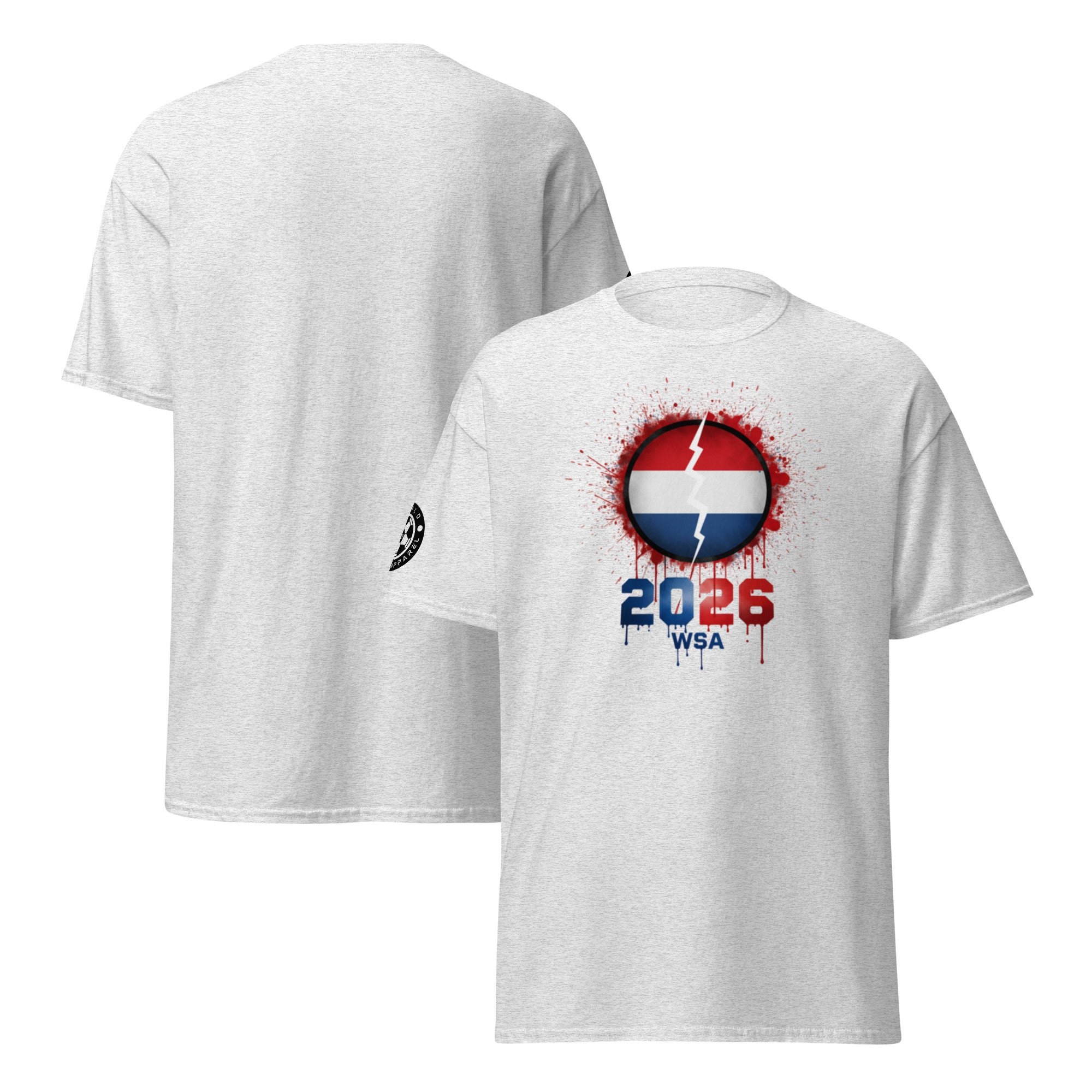 White t-shirt with a design featuring a flag and '2026 WSA' text on a white background
