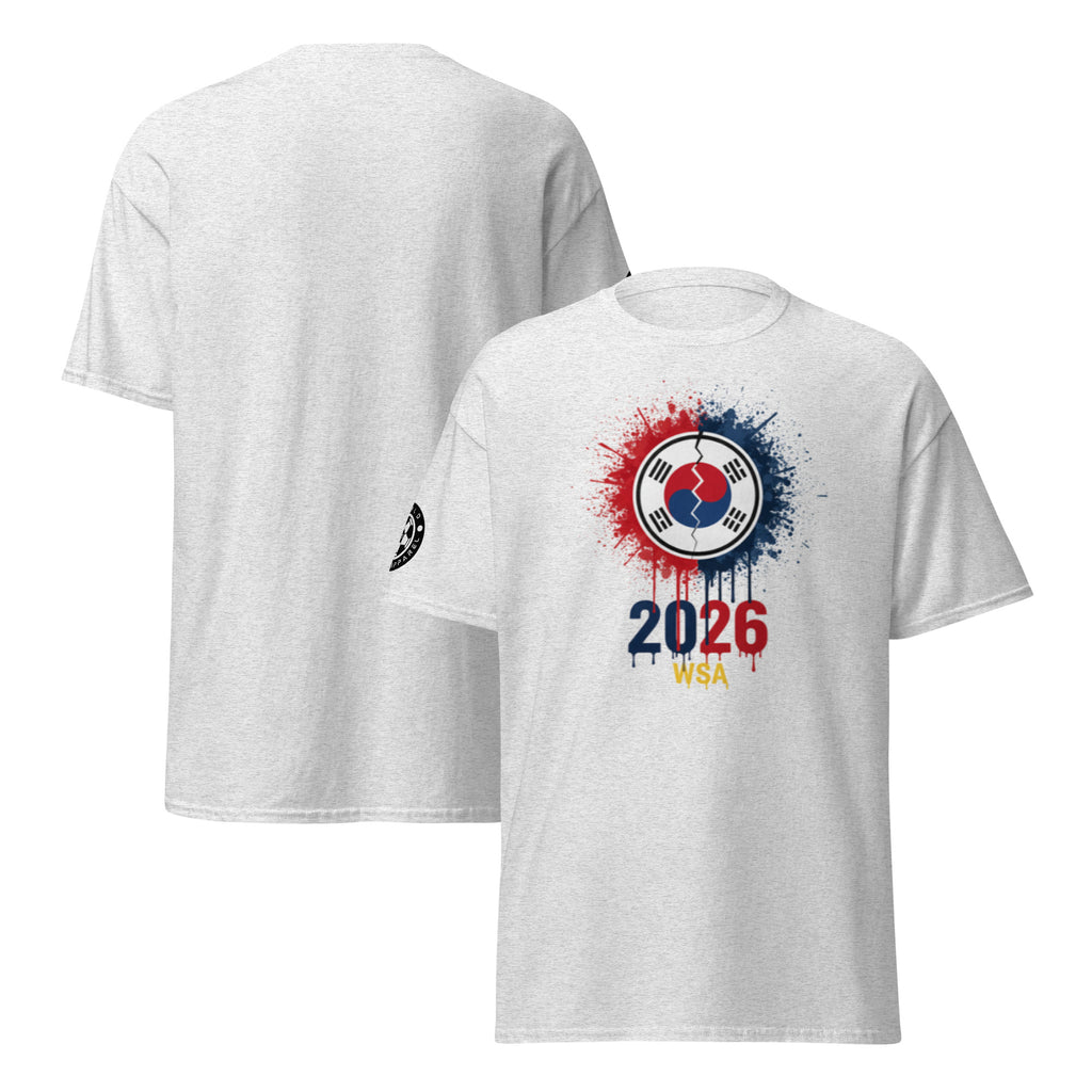 White t-shirt with a design featuring '2026 WSA' on a white background