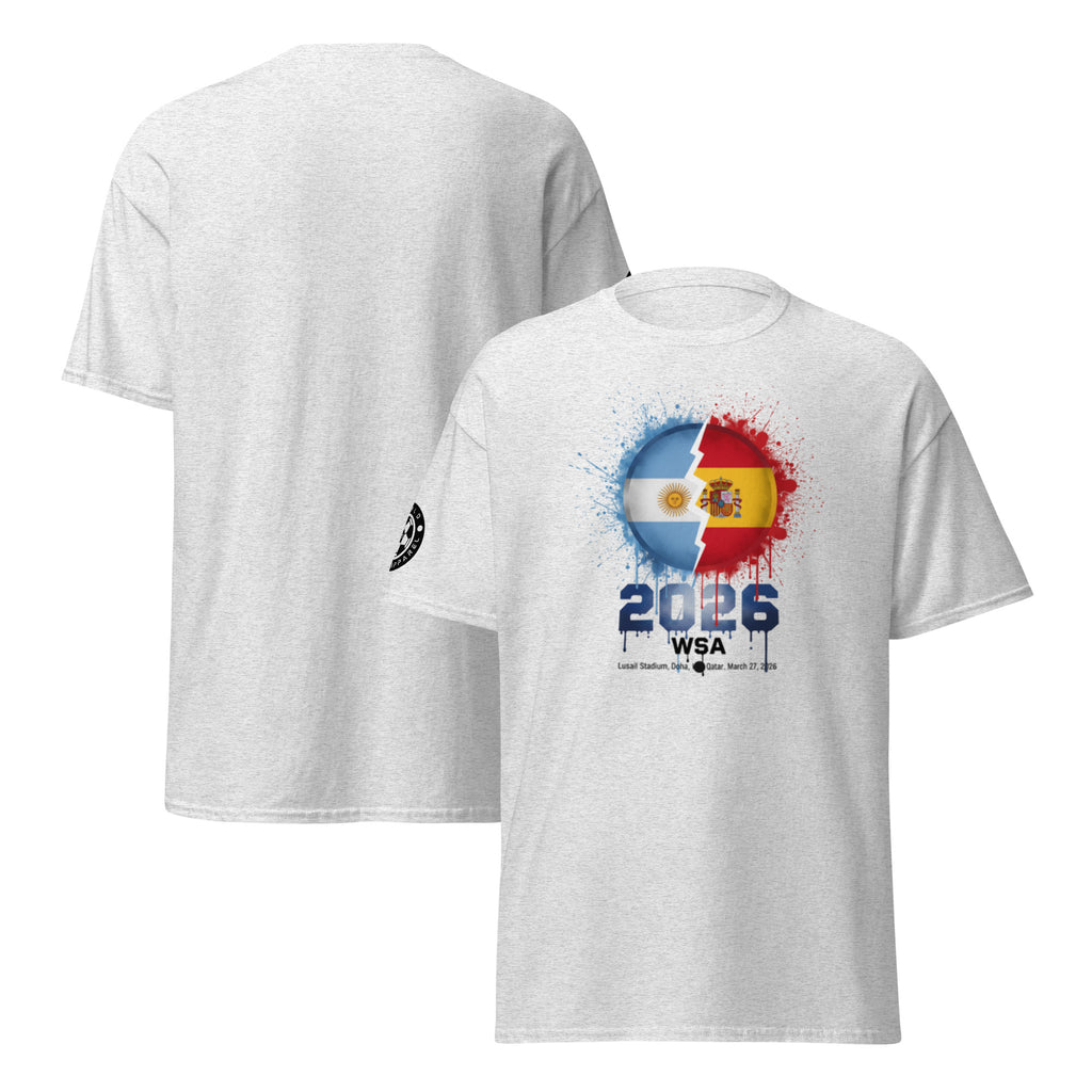 White t-shirt with colorful design and text on a white background