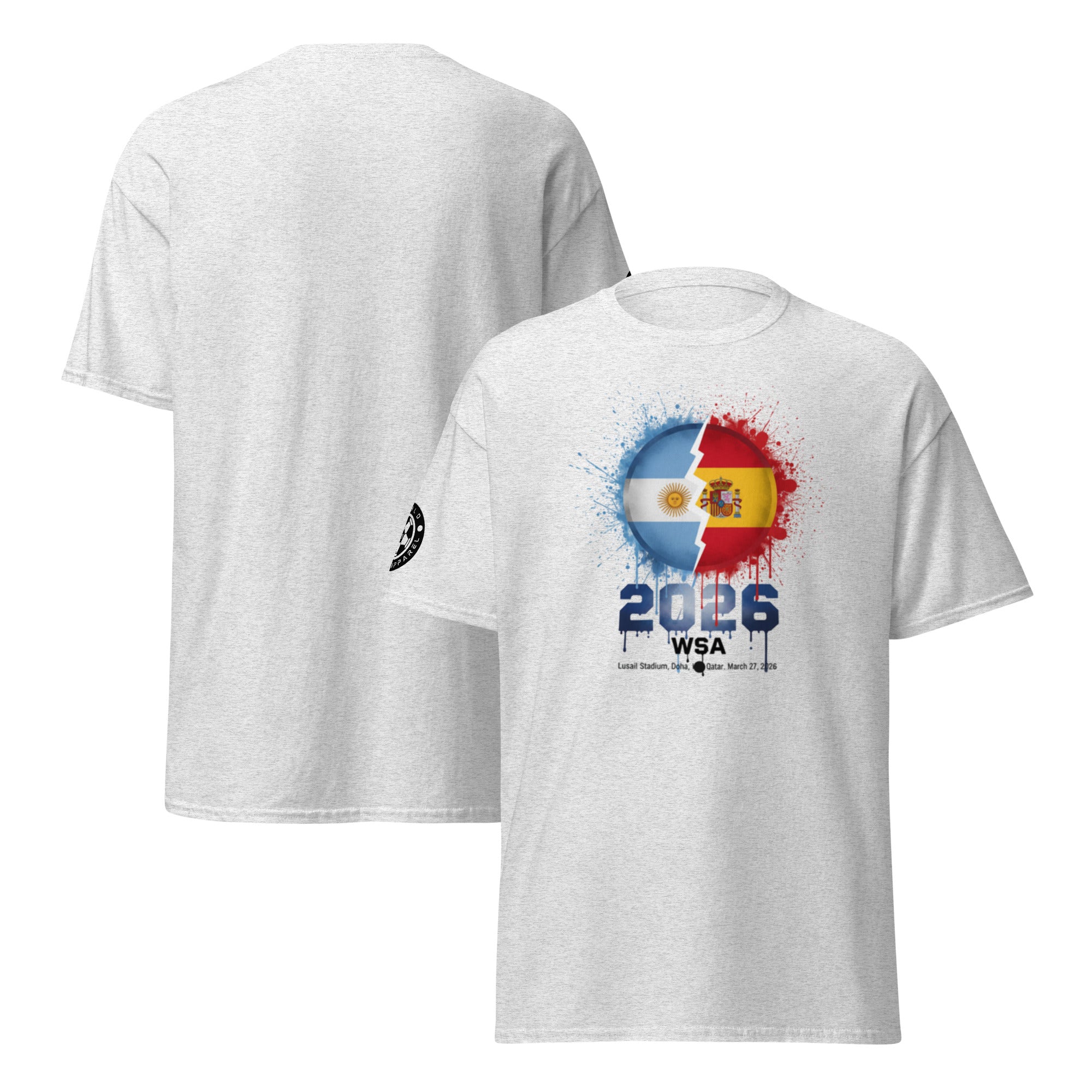 White t-shirt with colorful design and text on a white background