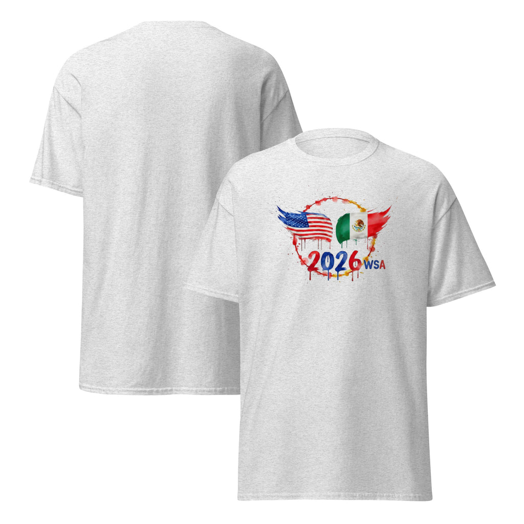 White t-shirt with 2026 WSA logo featuring American and Mexican flags on a white background