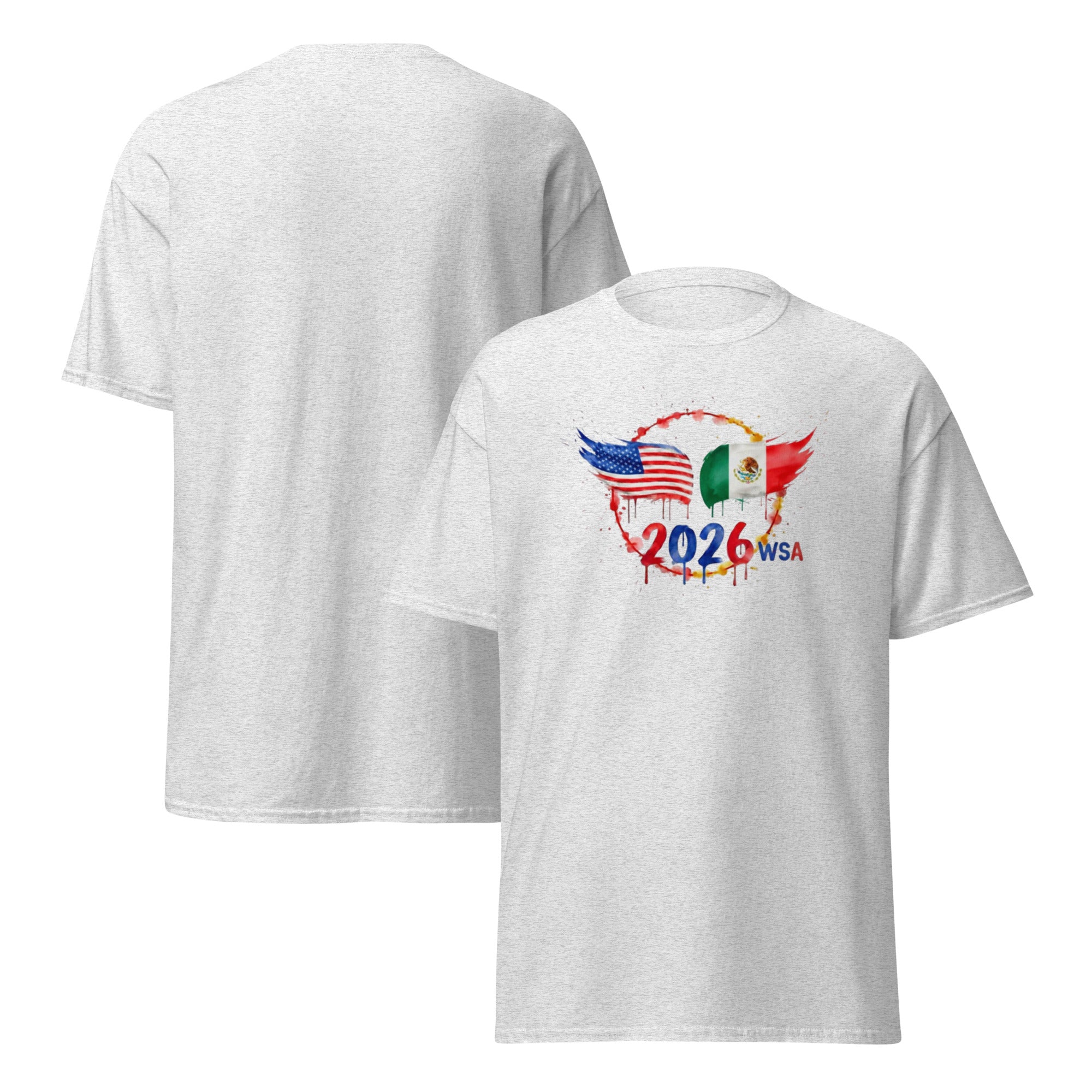 White t-shirt with 2026 WSA logo featuring American and Mexican flags on a white background