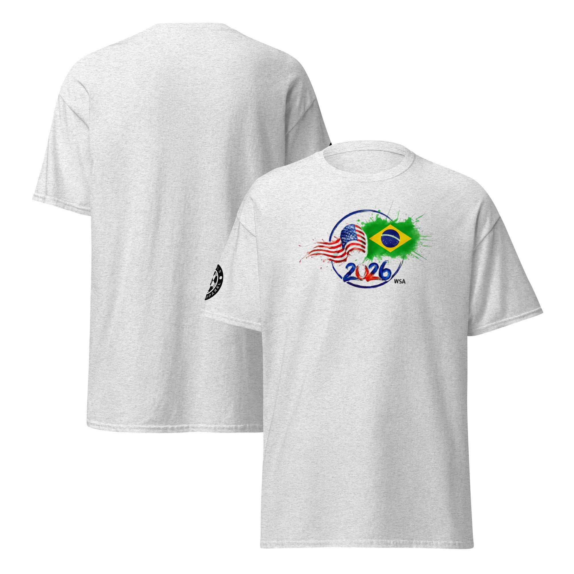 White t-shirt with a design featuring flags and '2026' on a white background