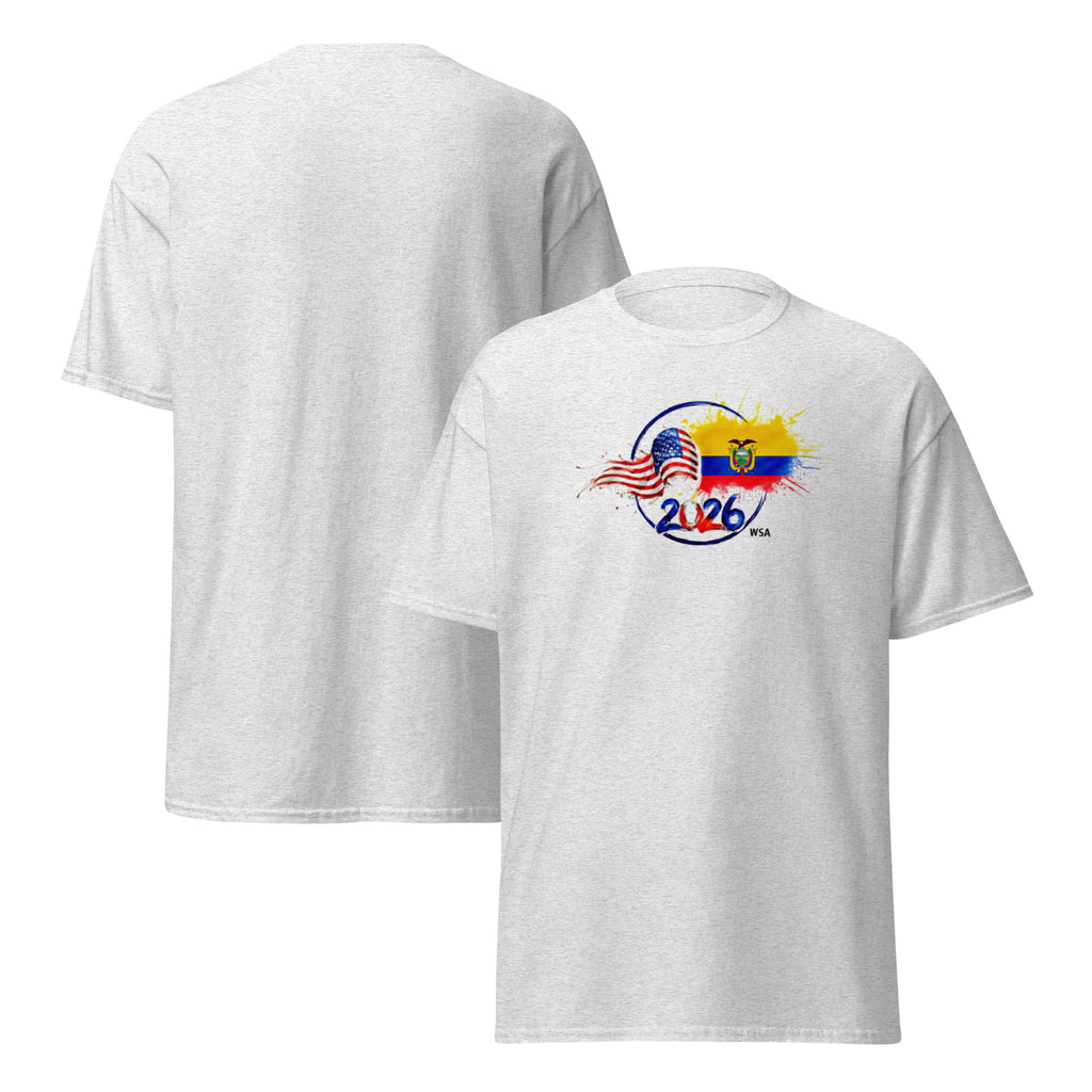 White t-shirt with a graphic design on the front, displayed from both front and back views.
